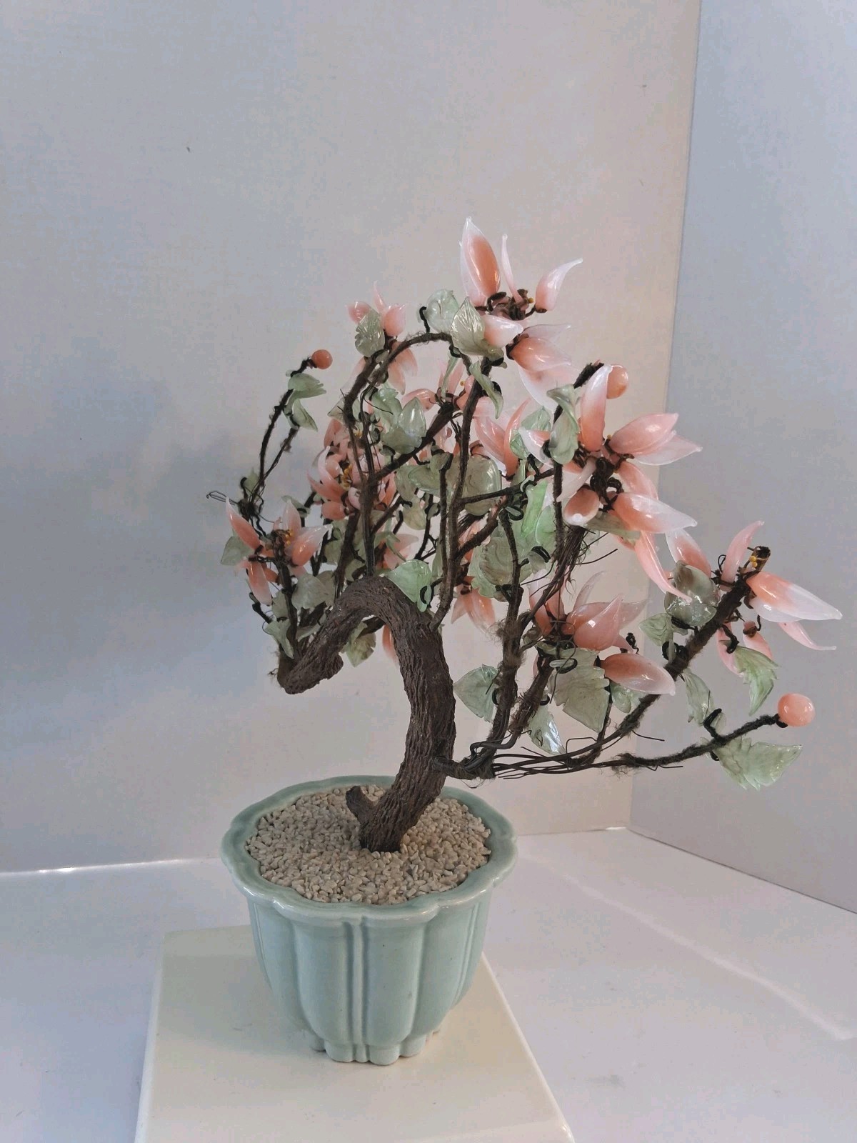 Vtg! XL Asian Bonsai Jade Glass & Coral Color Quartz Flowering Tree;14.5″x 13.0″