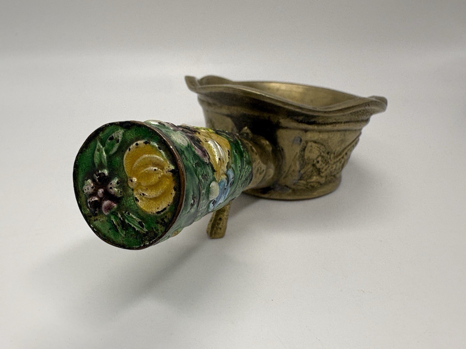 Vintage Chinese silk iron or coal iron with Cloisonné enamel handle