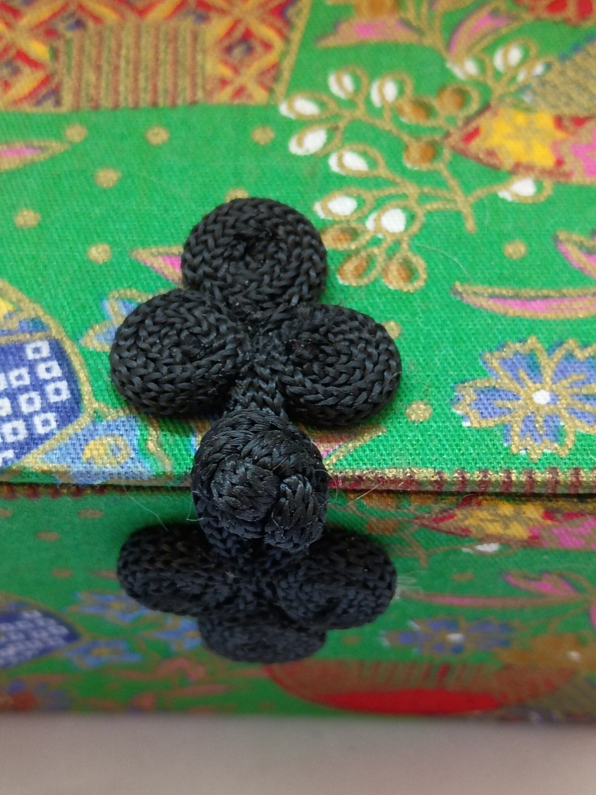 Asian Treasure or Jewelry Box Green Silk Brocade Fabric Rings Earrings Flowers