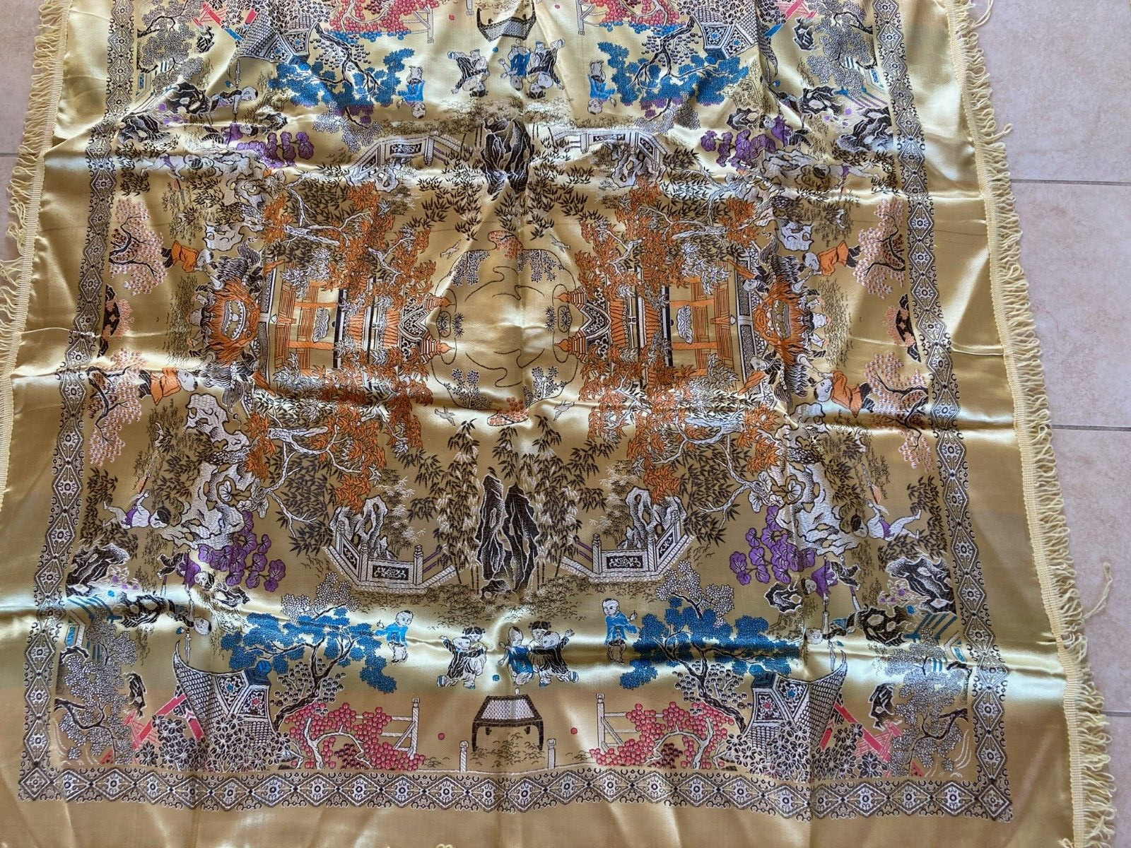 Vintage Silk Satin Brocade Piano Shawl Gold 48″ Fringes Excellent WWII