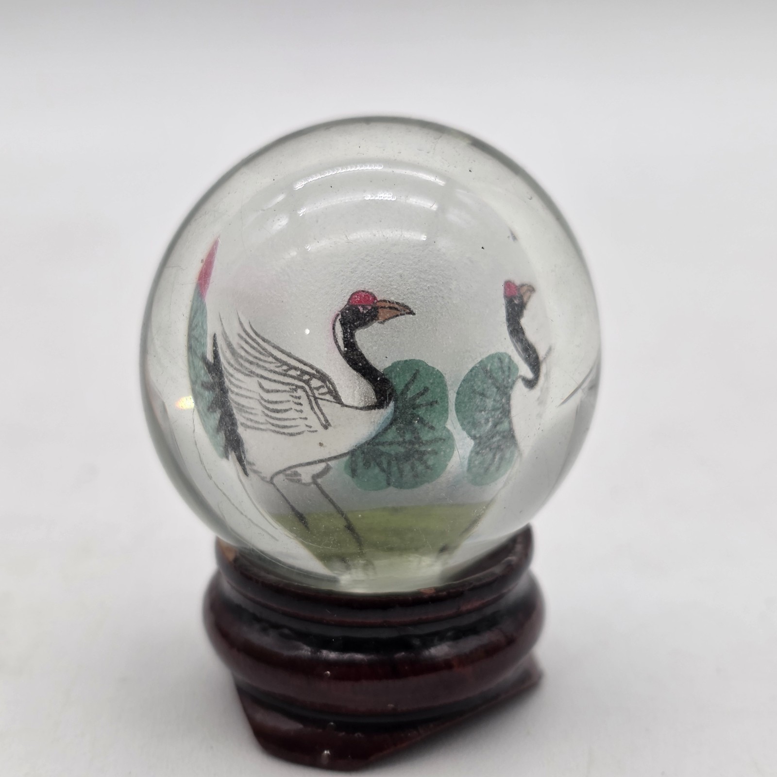 Vintage Reverse Hand Painted Cranes Revolving Sphere Ball Paperweight on Stand