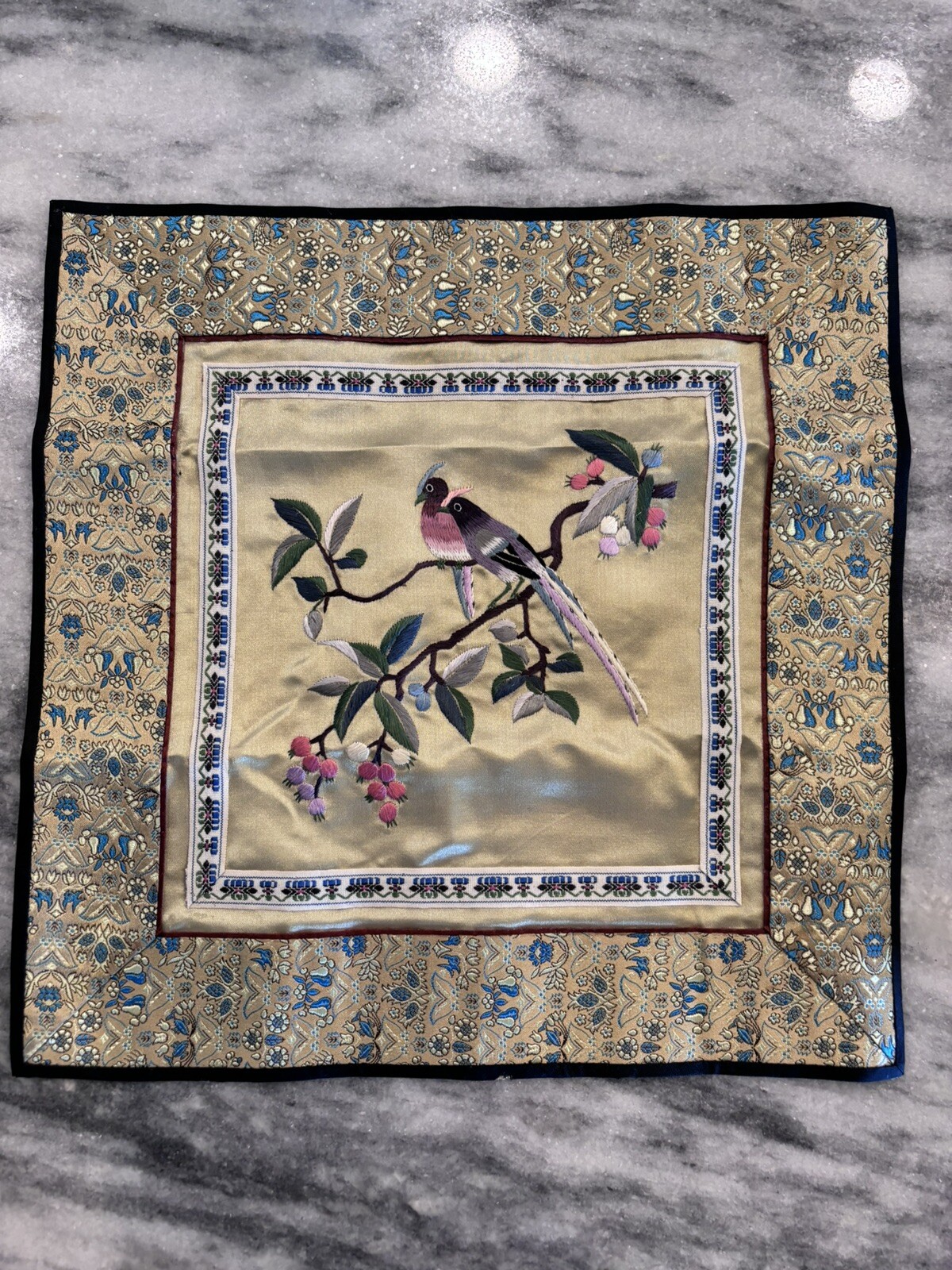 Vintage Chinese 100% Silk Embroidered Textile w/two Love Birds