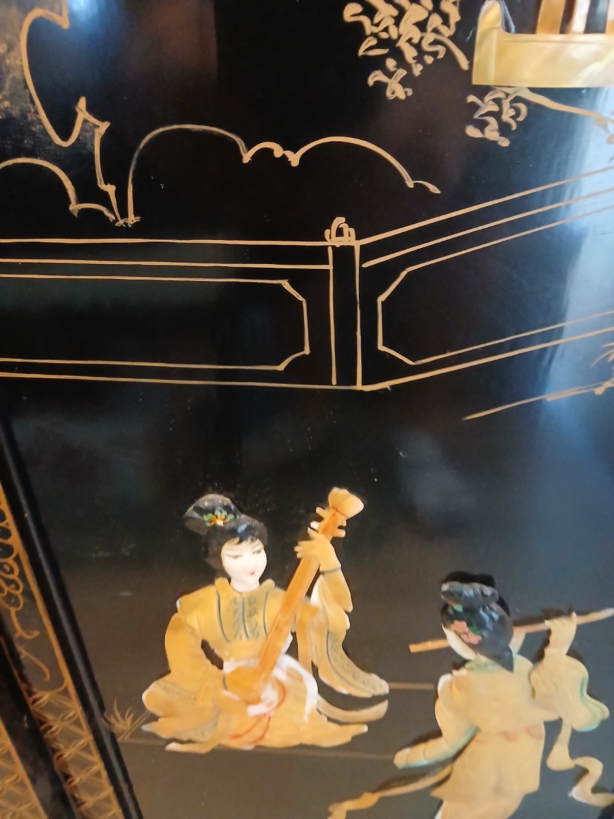 4 Vintage Asian Japanese Mother Pearl Black Lacquer Wall Panels 36″ x 12″