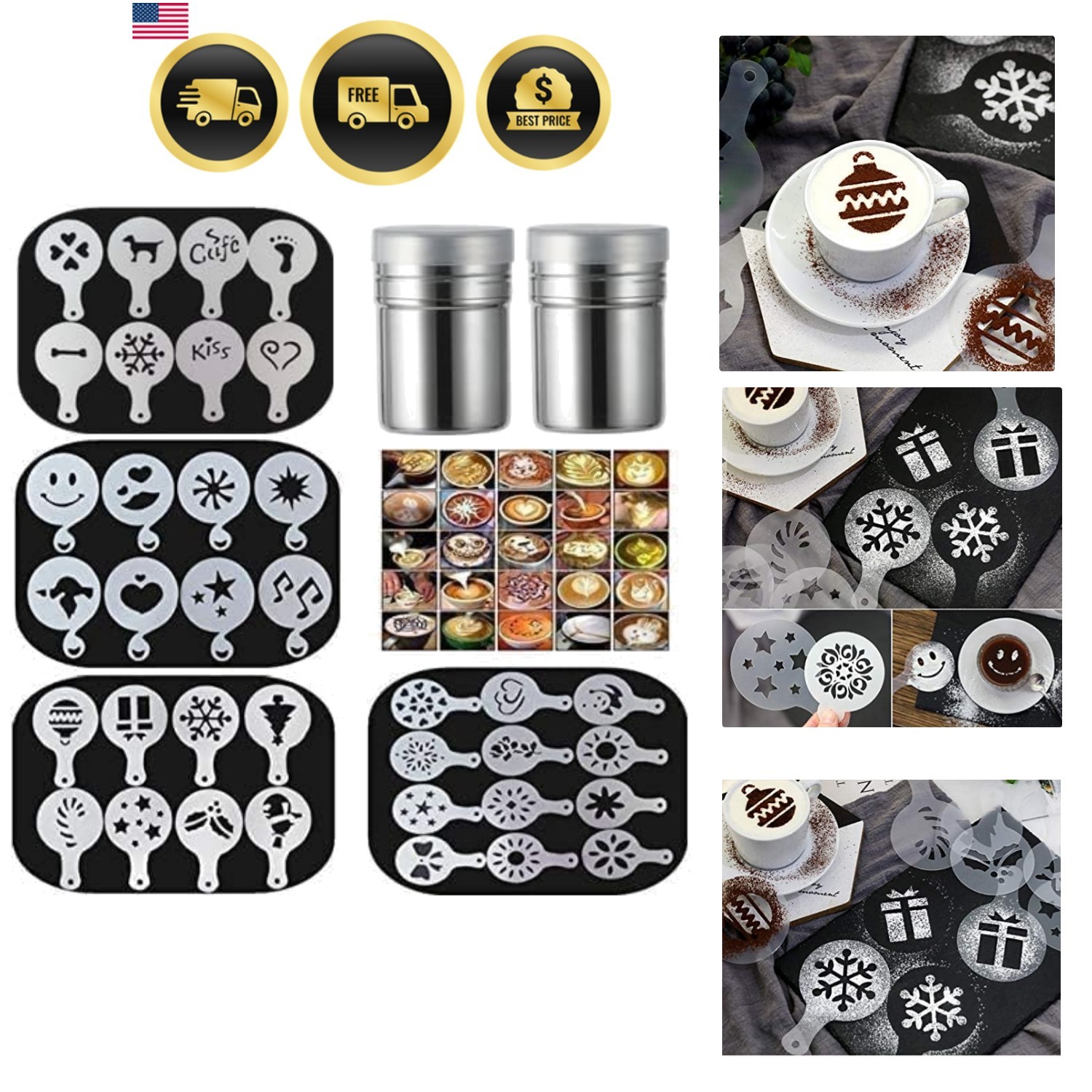 Coffee Art Stencils Set 36 Patterns Plus 2 Powder Shakers for Latte Cappuccino