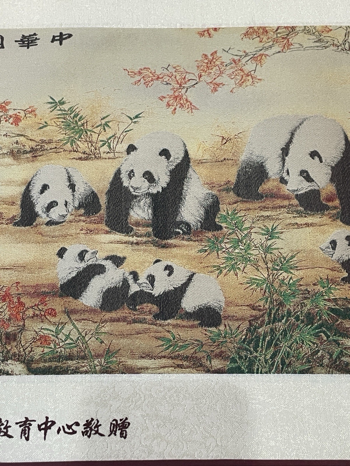 Chinese Shu Brocade Silk Scroll Pandas Wall Hanging Art Textile Presentation Box