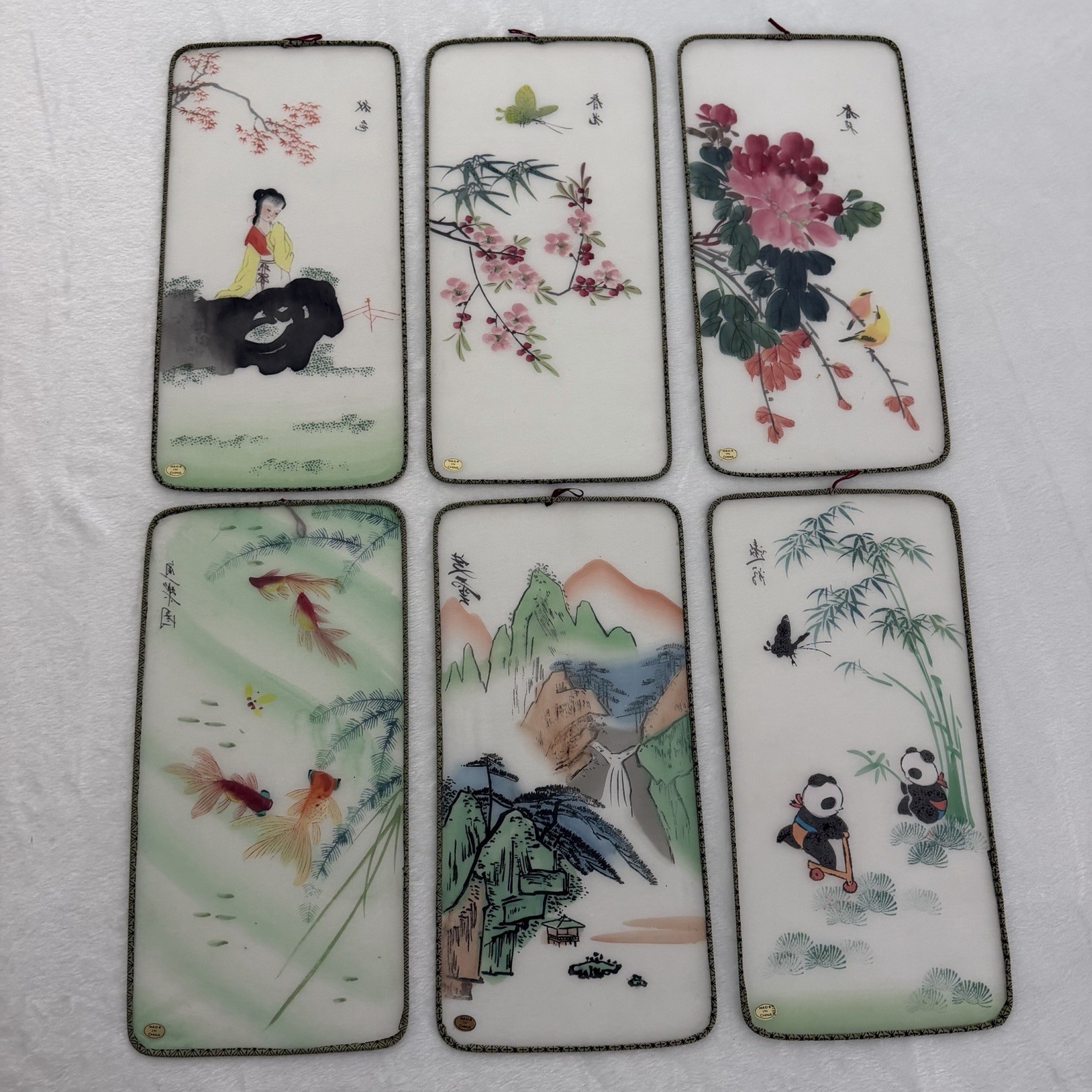 Vintage Chinese Painted Silk Panels Wire Frame Butterfly Koi Flowers Pandas Lady