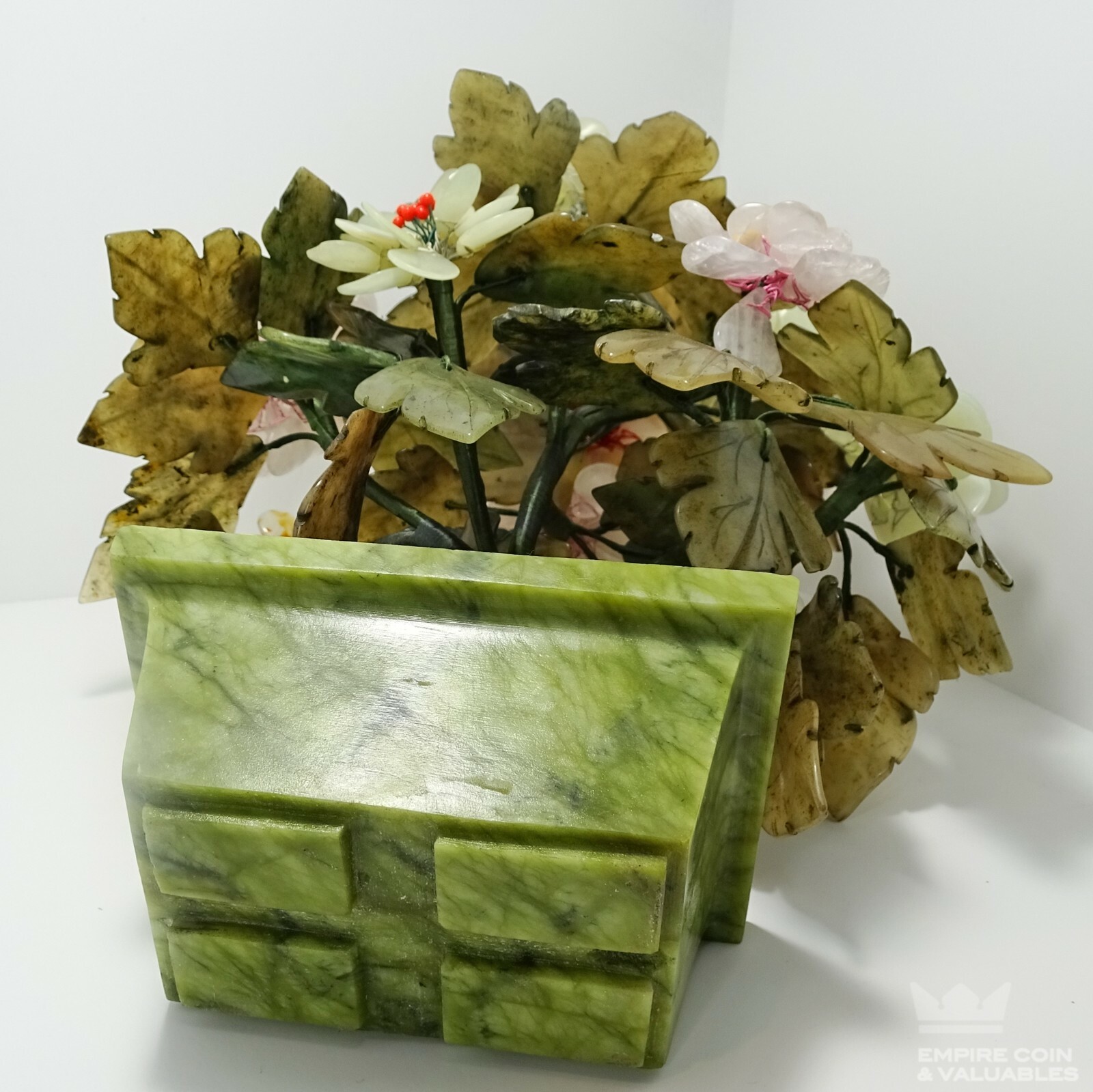 Vintage Chinese Carved Bonsai Jade, Carnelian, & Rose Quartz 13″ Flower TREE *E1