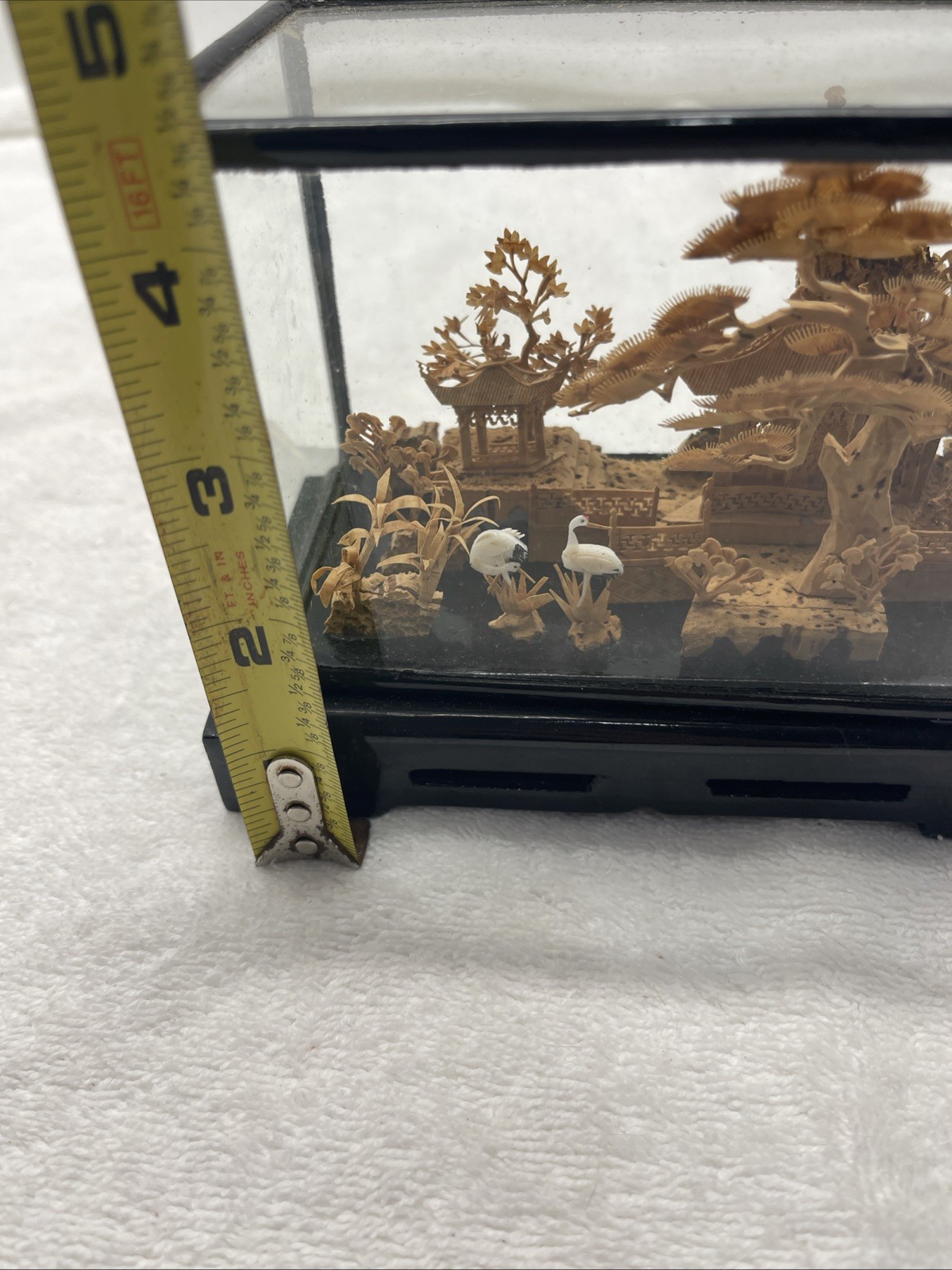 Vintage Small Chinese Hand Carved Cork Art w/ Storks & Pagoda Scene 3D Diorama