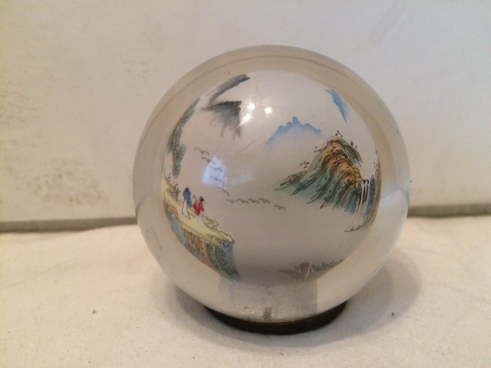 VTG Reverse Painted Glass Ball Sphere Paper Weight Oriental Asian Mountain Scene