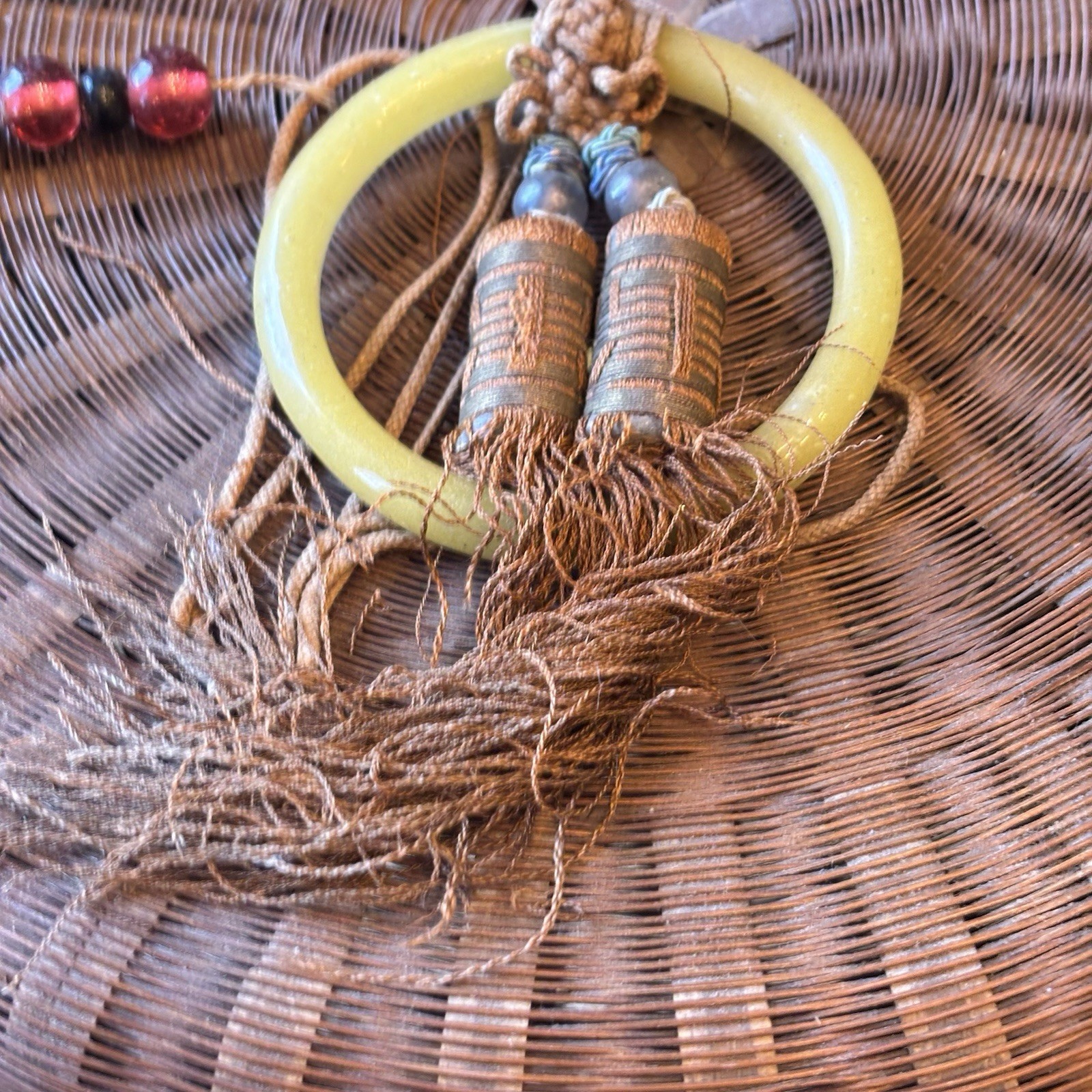 Set of Chinese Qing Dynasty Pine Needle Baskets Coins & Glass Beads FLAW