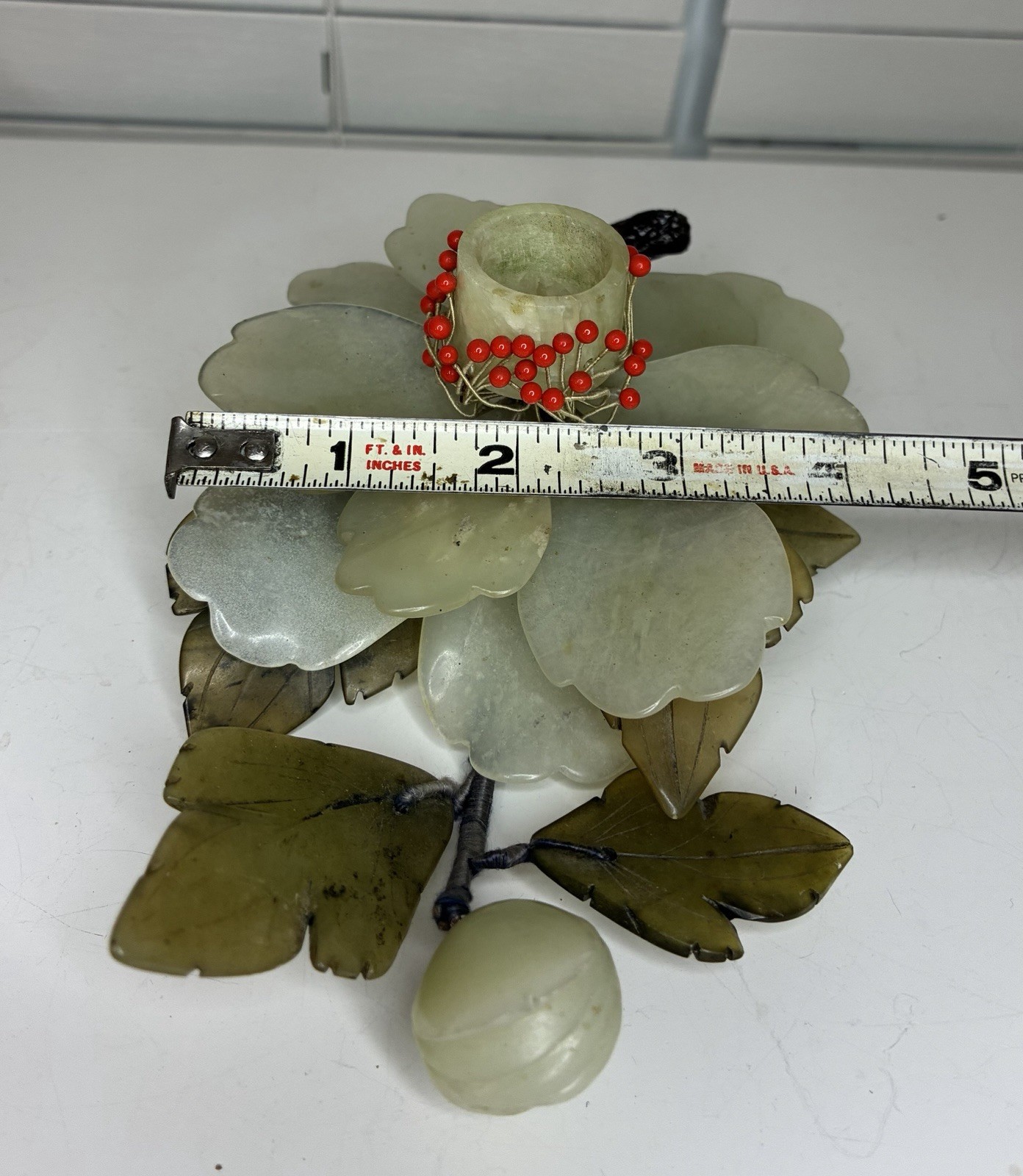 Vintage Chinese Hand Carved Jade Lotus Flower Candle Holder Centerpiece Set of 2