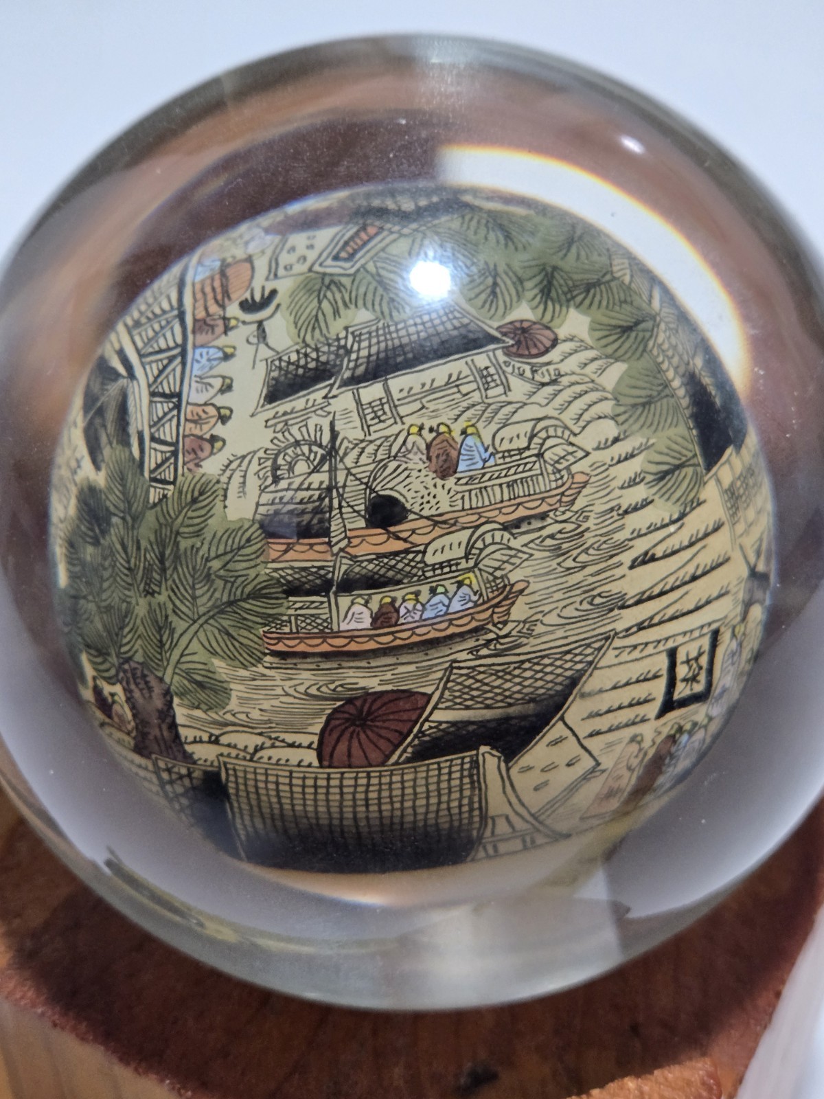 Vtg Chinese Reverse Paint Globe Orb Sphere With Wooded Base 4″ Round Rare!