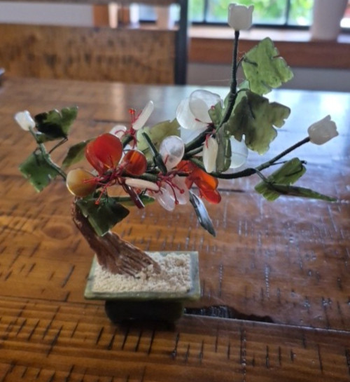 Jade Stone Bonsai Tree White Roses Carnelian Red Flowers Green Jade Leaves Base