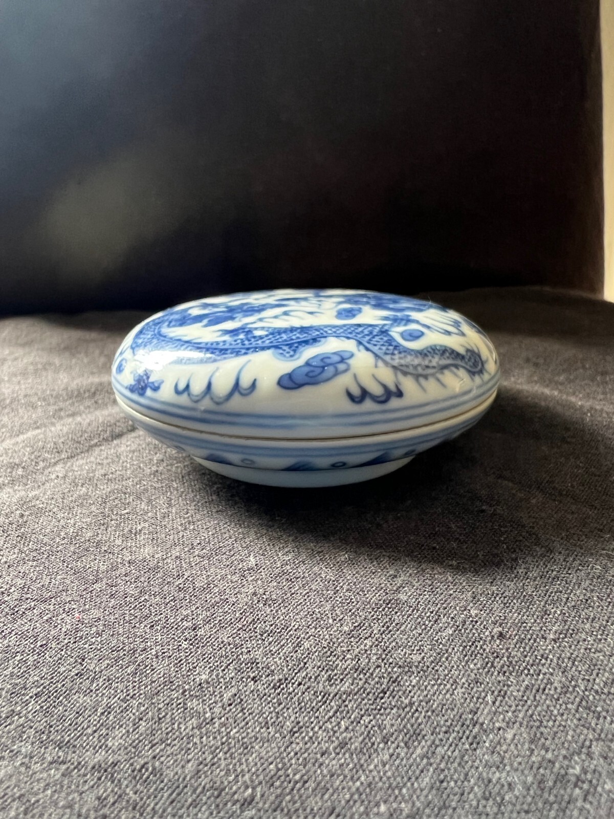 Chinese Blue & White Porcelain Seal Paste Box with Dragons & Pearl Qianlong Mark