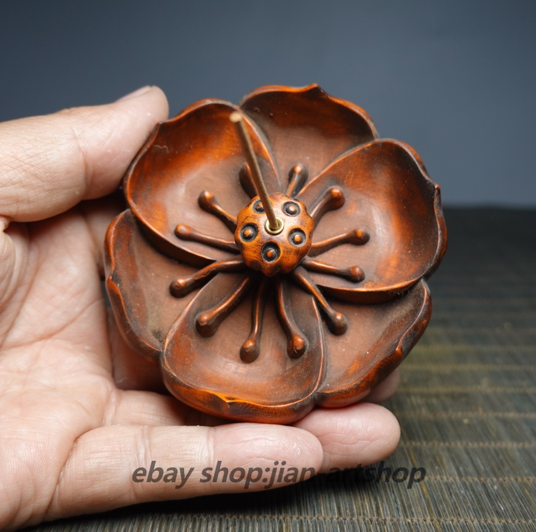 3.1″ China Box-wood Carving Chrysanthemum Incense Holder Zen Style Stick Burner