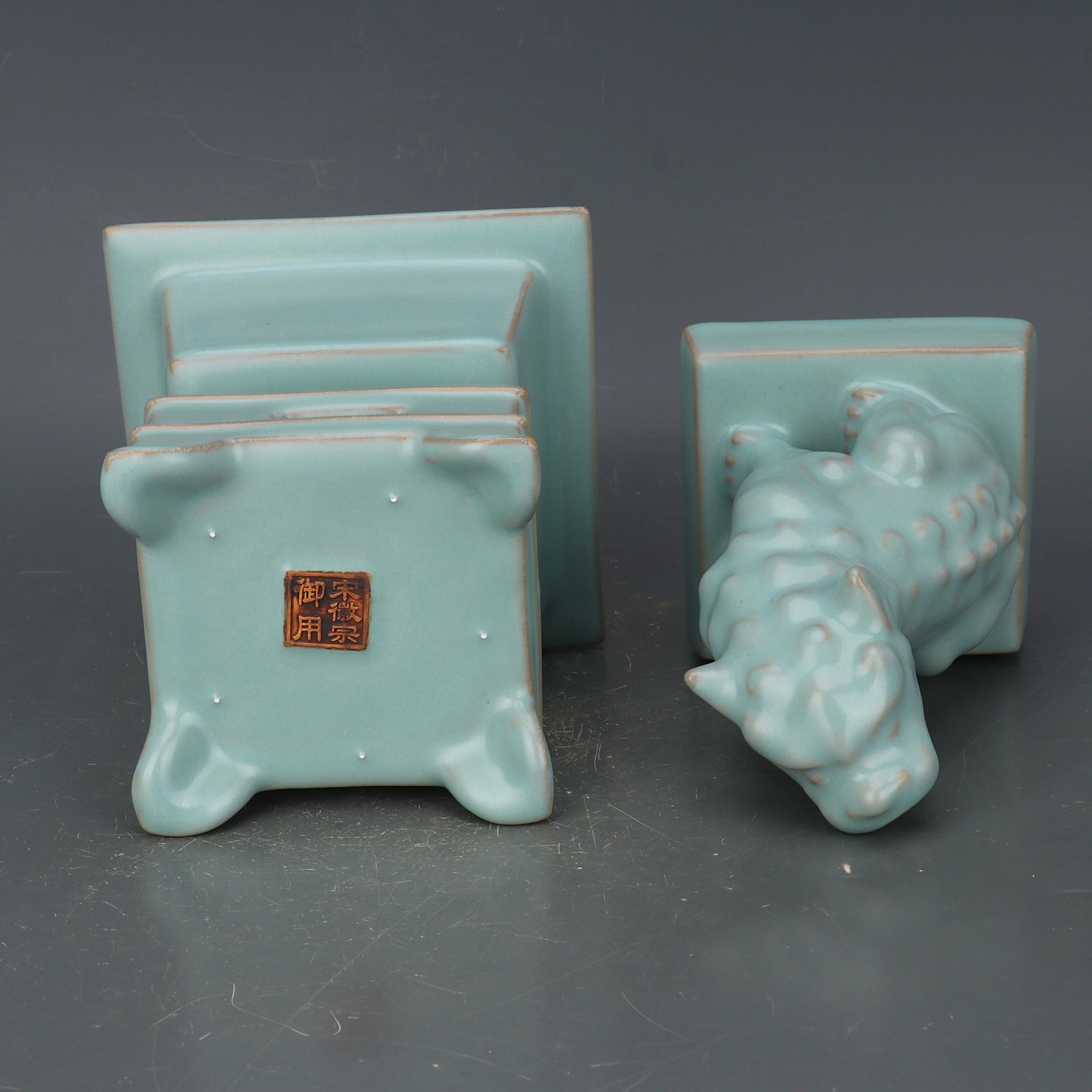 11.4″ China Song Ruyao Blue-green Glaze Porcelain Animal Lion Incense Burner