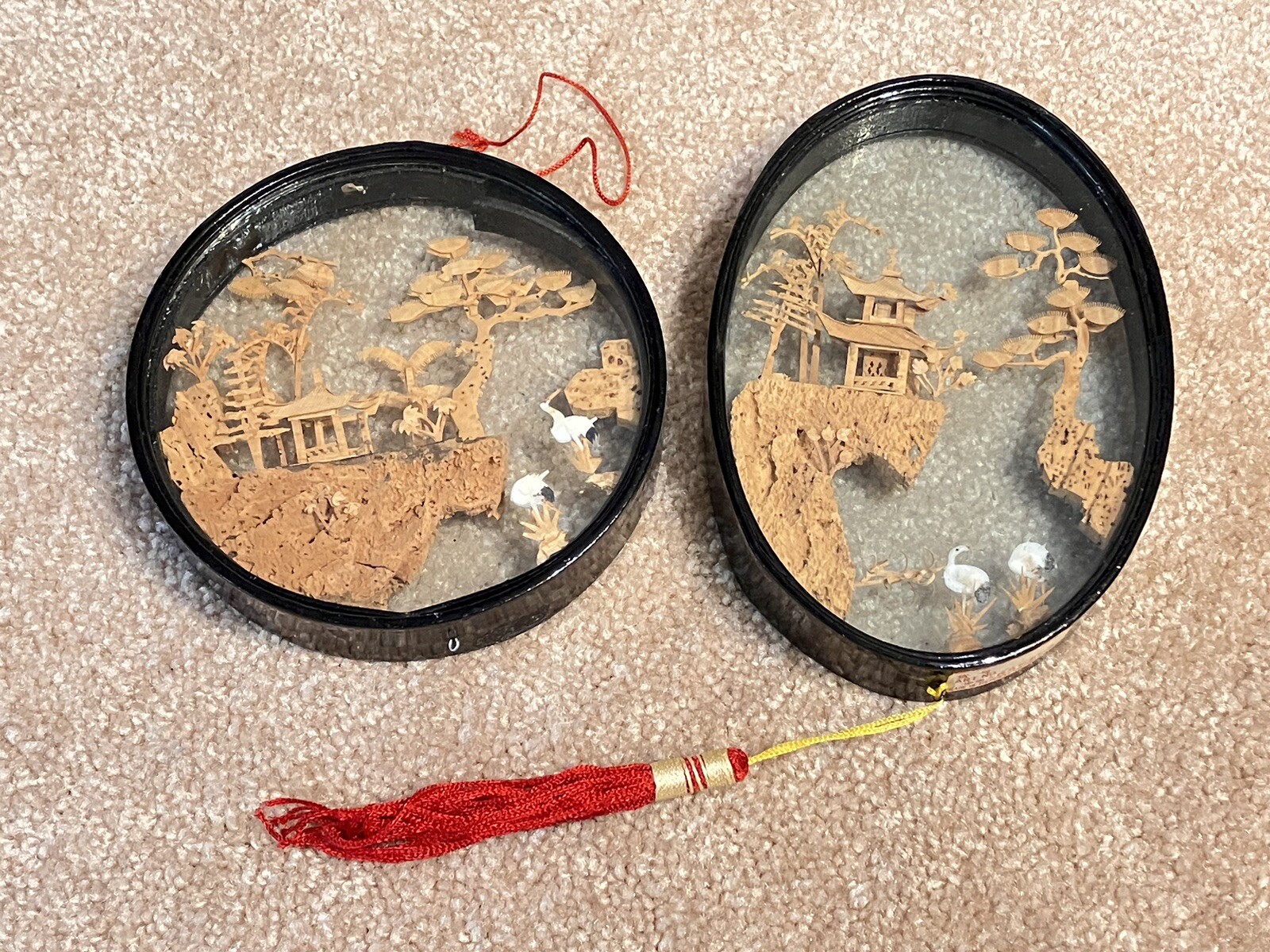 Vintage Chinese Cork Carving Diorama Set Of 2 Lot Cranes Pagoda Lacquered Wood