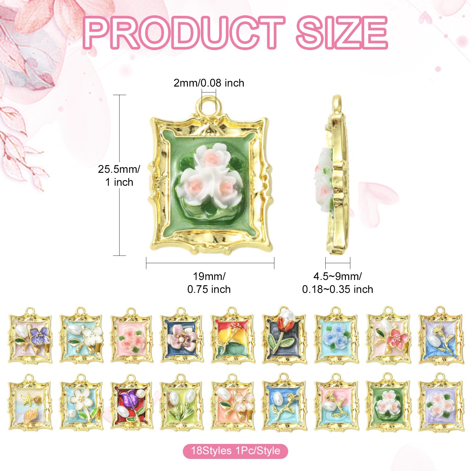 18x Rectangle Alloy Enamel Flower Pendants for Earrings Necklace Jewelry Making