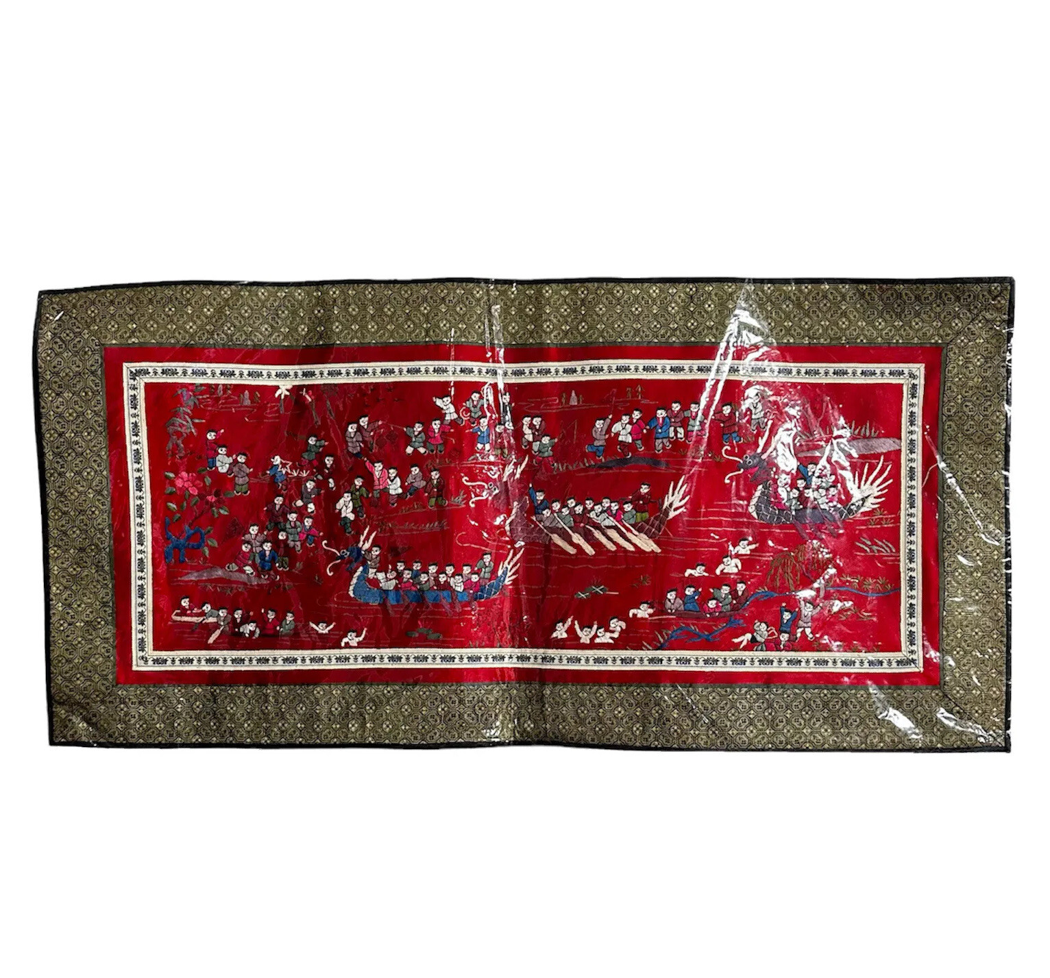 Vintage Chinese Embroidered 100 Children Tapestry Wall Hanging Art 25×12″