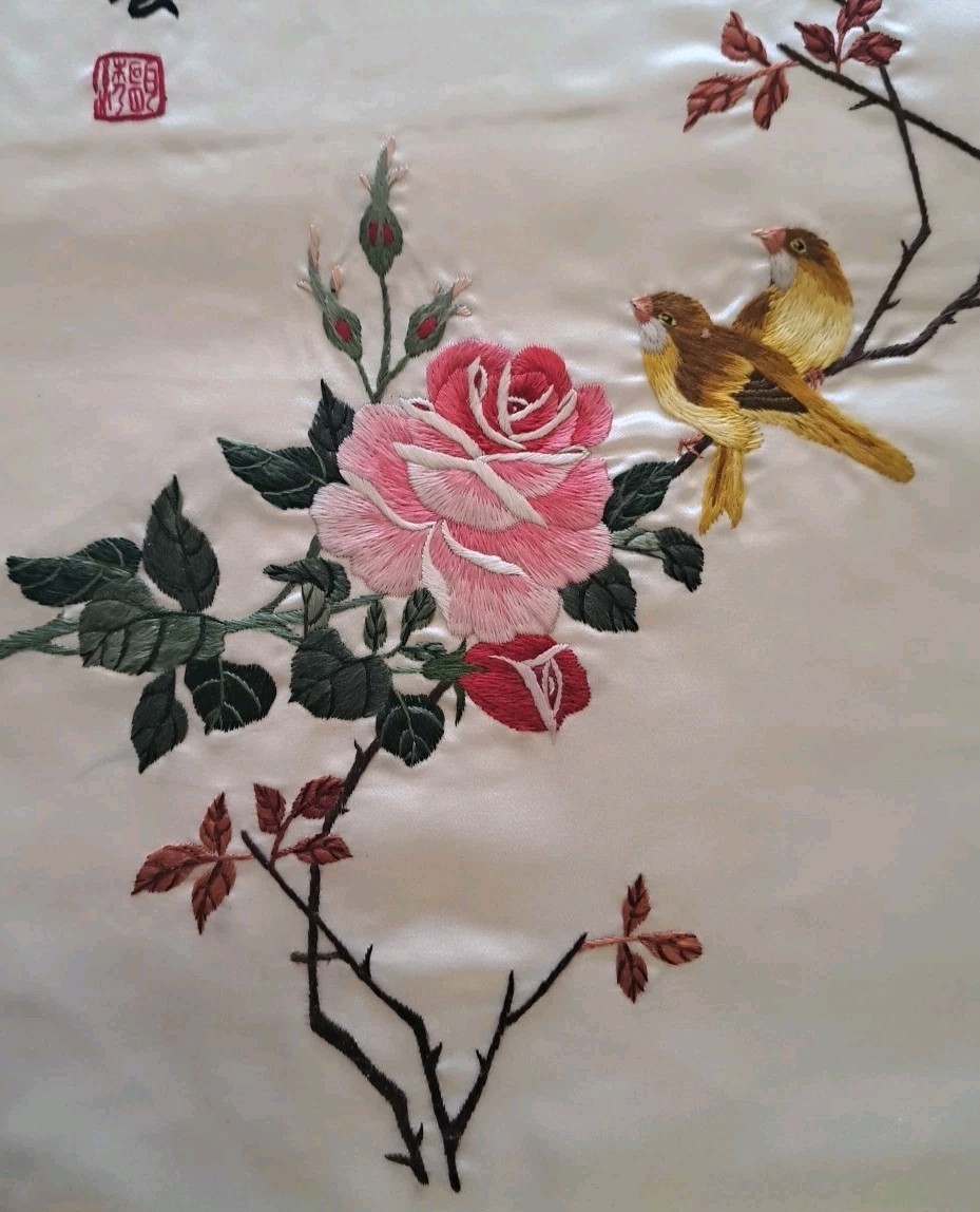 Vintage Chinese Silk Embroidered Textile Panel Wall Rose & Birds 17 x 12.5″