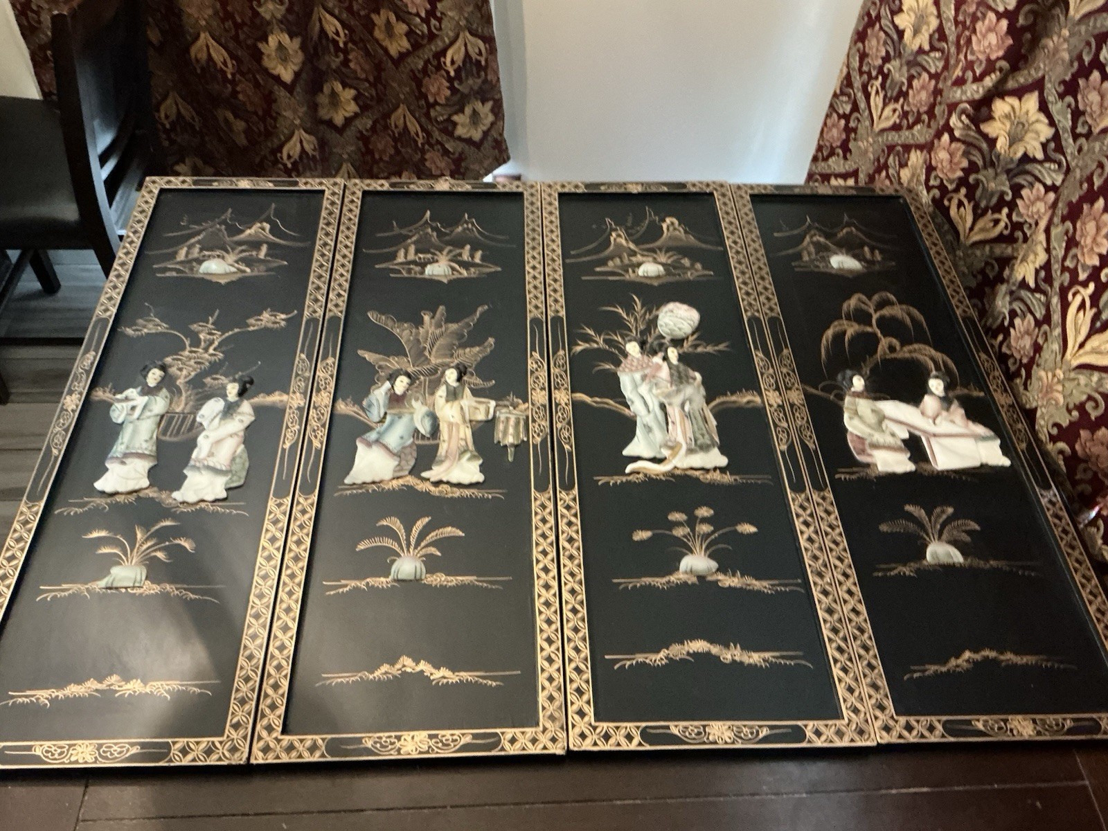 Lot Of 4 Chinese Wood Panel Wall Hanging, 12” By 36”, Used In Great Condition.
