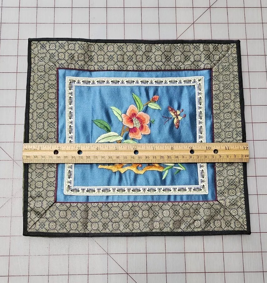 Vintage Chinese Silk Hand Embroidered Tapestry – Orange Flowers, Blue Background