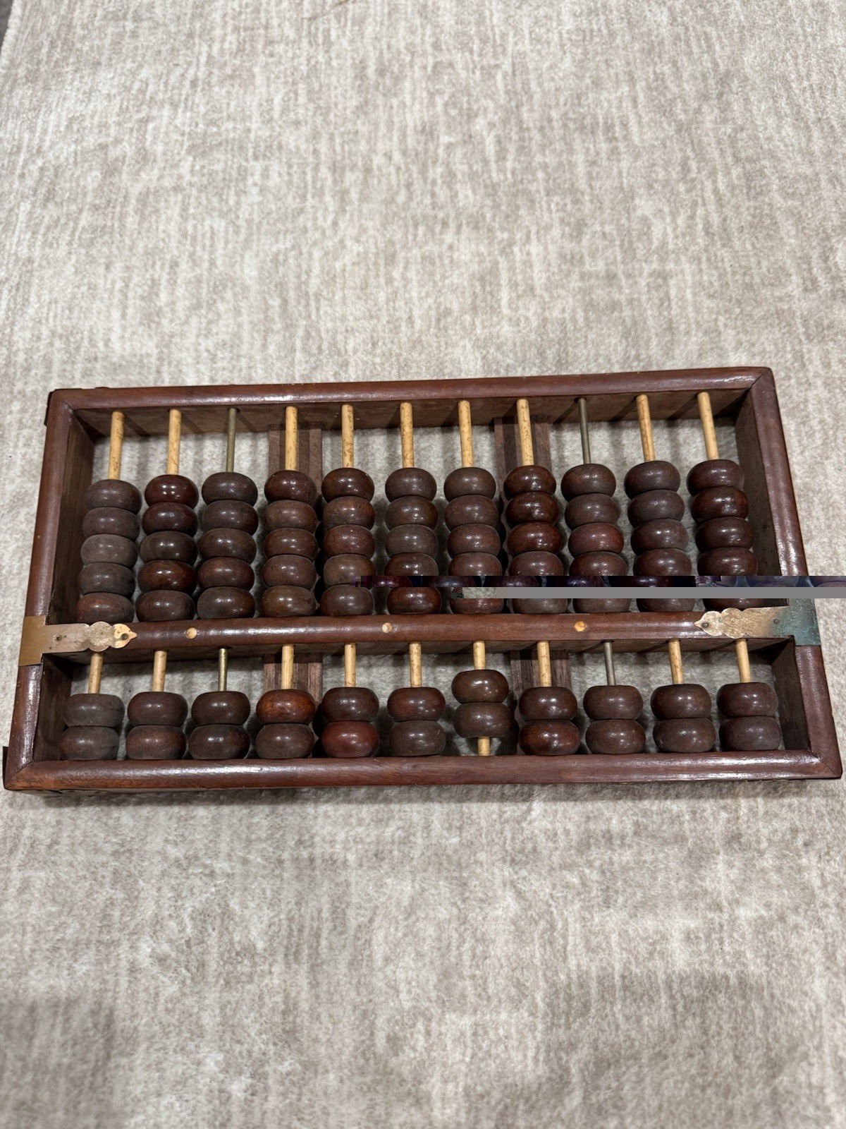 Vintage Chinese Suanpan Abacus Hardwood 11 Row Brass Hardware 12.75”