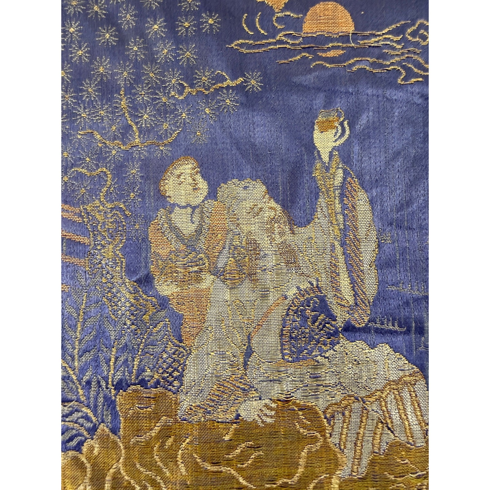 Antique Chinese Silk Brocade Cranes & Scholars Tapestry 18x10in