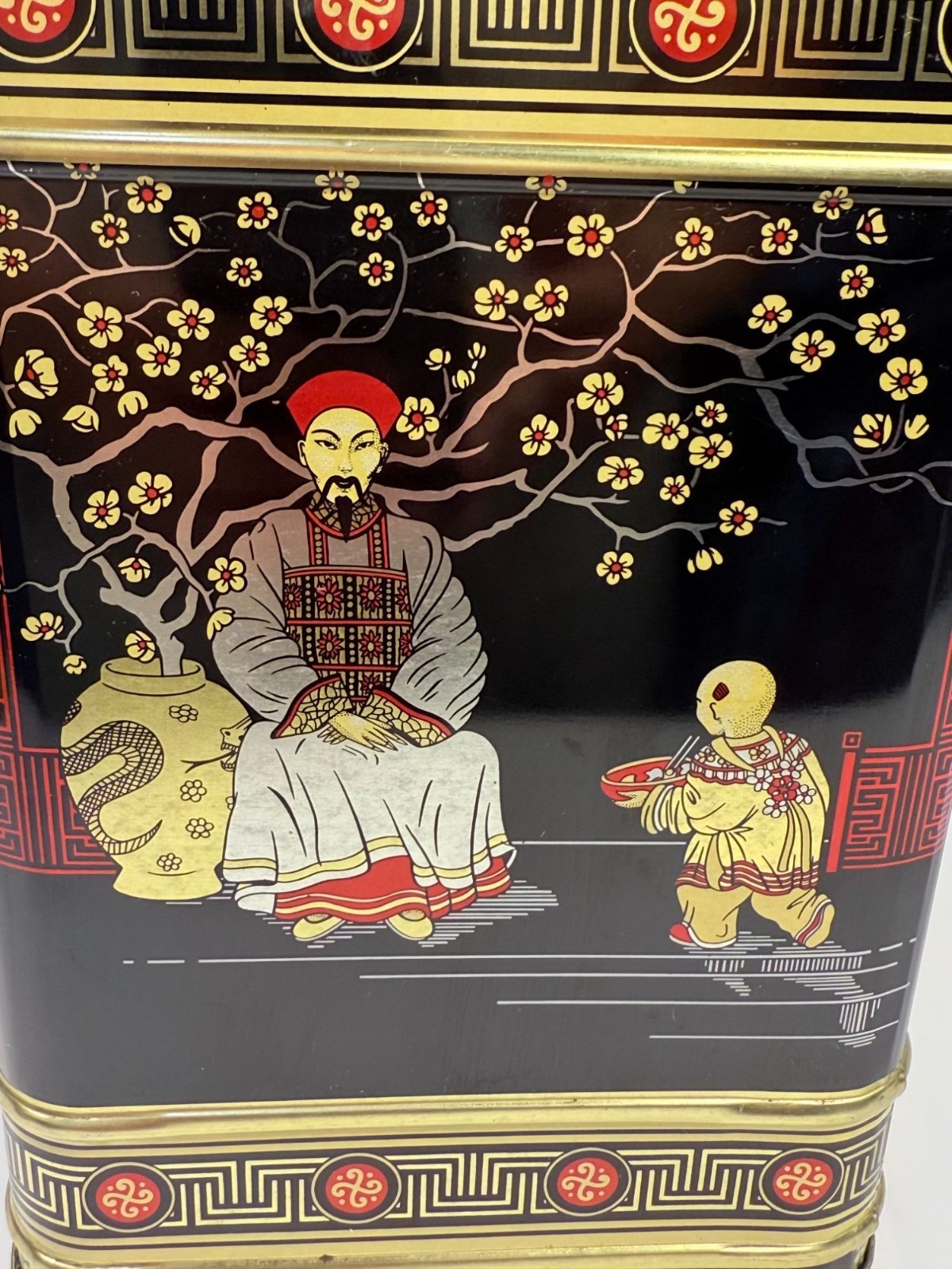 English Tea Tin Caddy Vintage 1970s Chinese Hinged Lid Black Red Gold Cranes Asi
