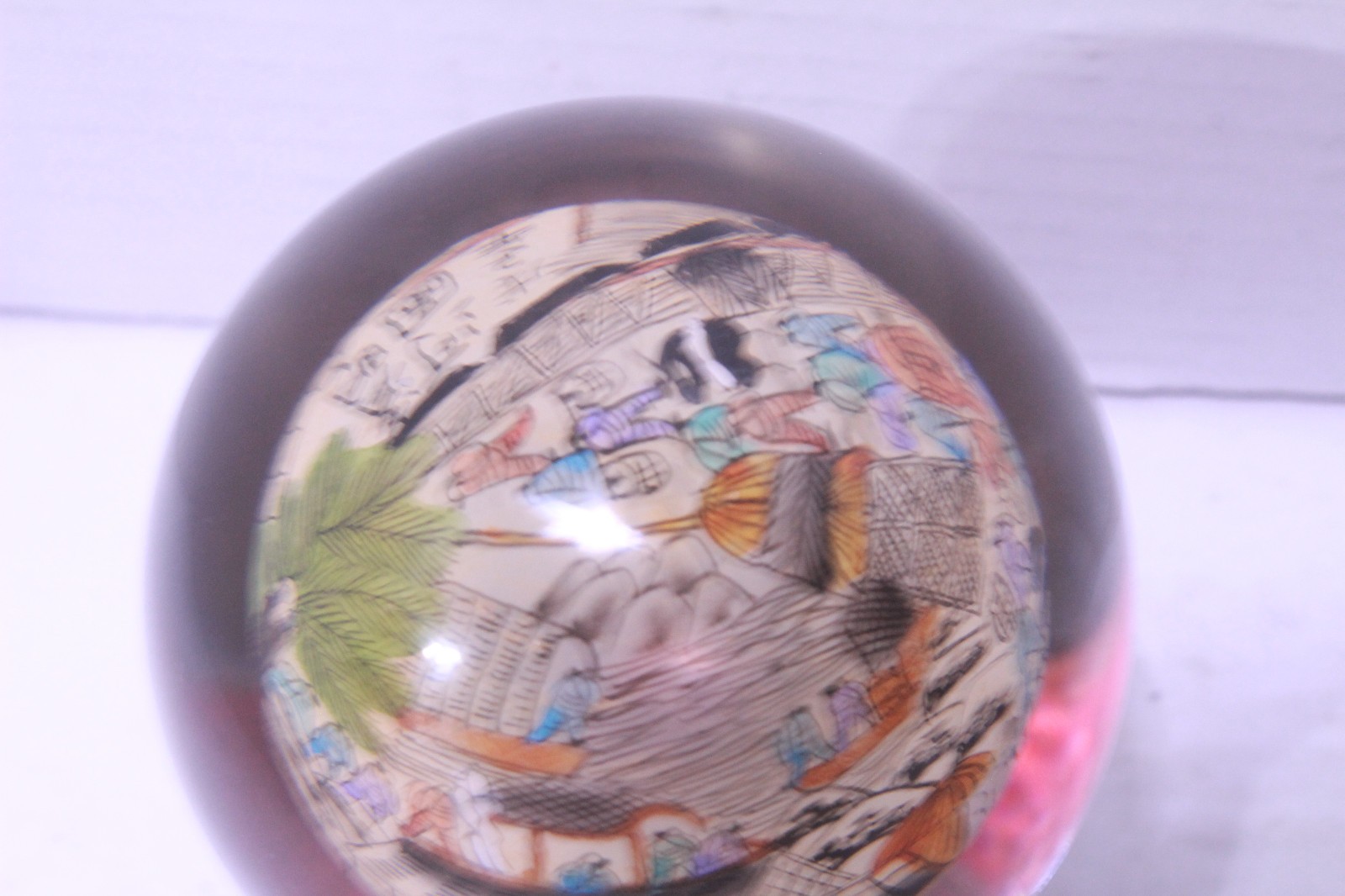 Qingming Festival River Map Reverse Hand Painted Glass Ball W Stand Paperweight