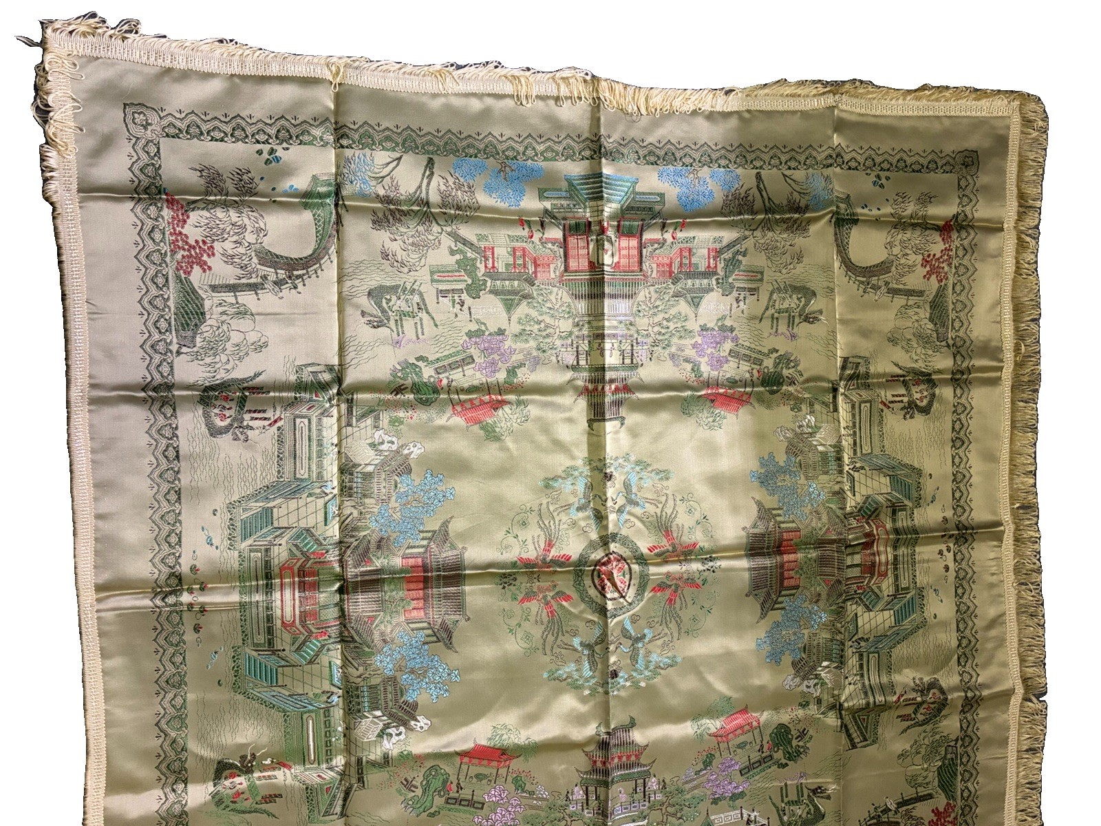 Vintage Chinese Brocaded Flowers Silk Piano Shawl Table Topper 38” Square
