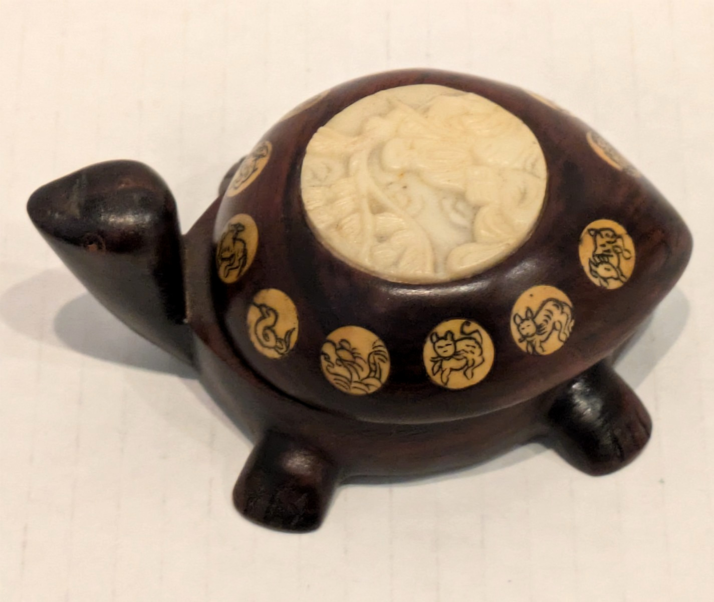 Vintage Carved Wood Turtle with Inlaid Chinese Zodiac Signs Opens to Compass