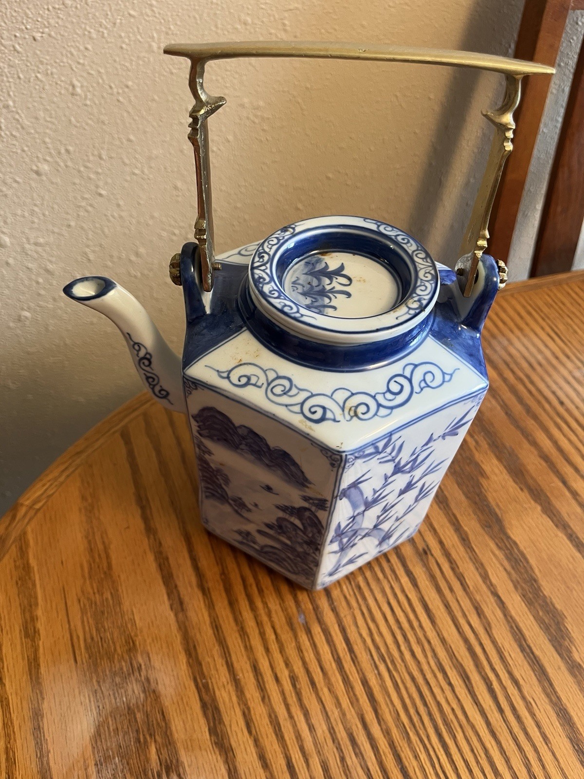 Large Vintage Thailand Blue & White Porcelain Teapot with Brass Handle