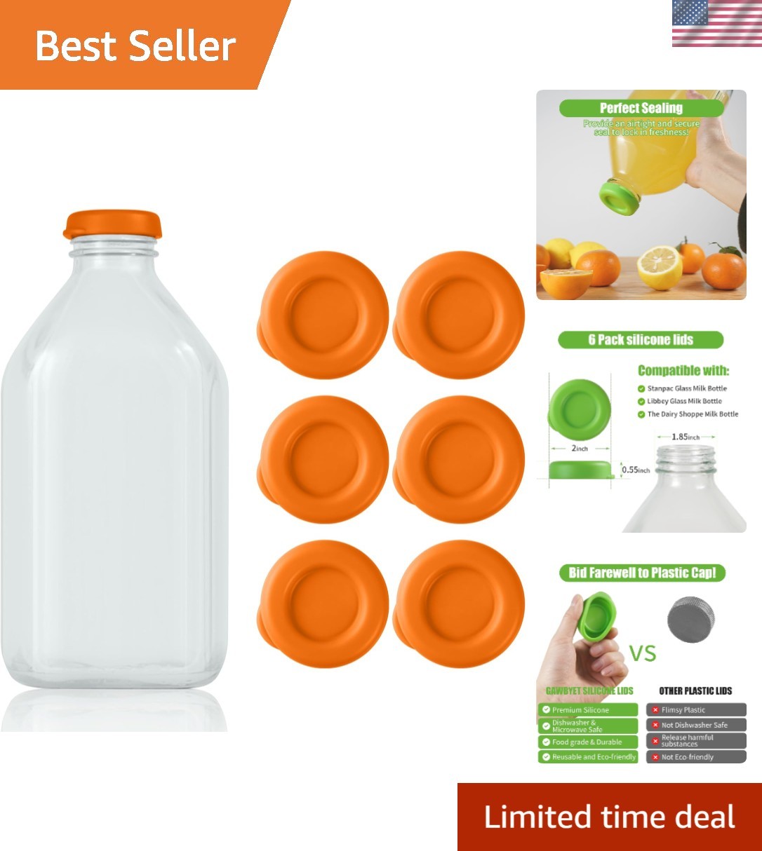 Stylish Silicone Caps for Milk Bottles – 48mm Round, 6-Pack in Bright Orange