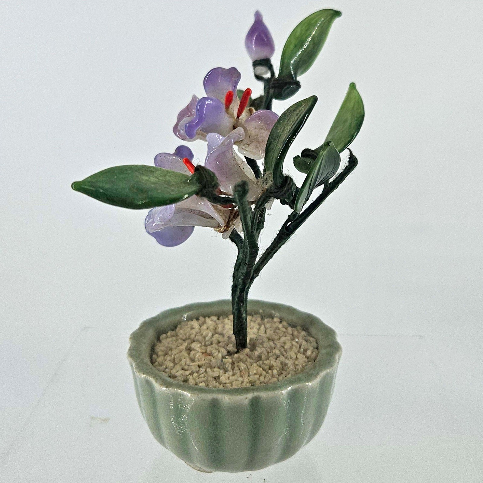 Vintage Jade Glass Bonsai Tree purple Flower Quartz Celadon Pot small 5″
