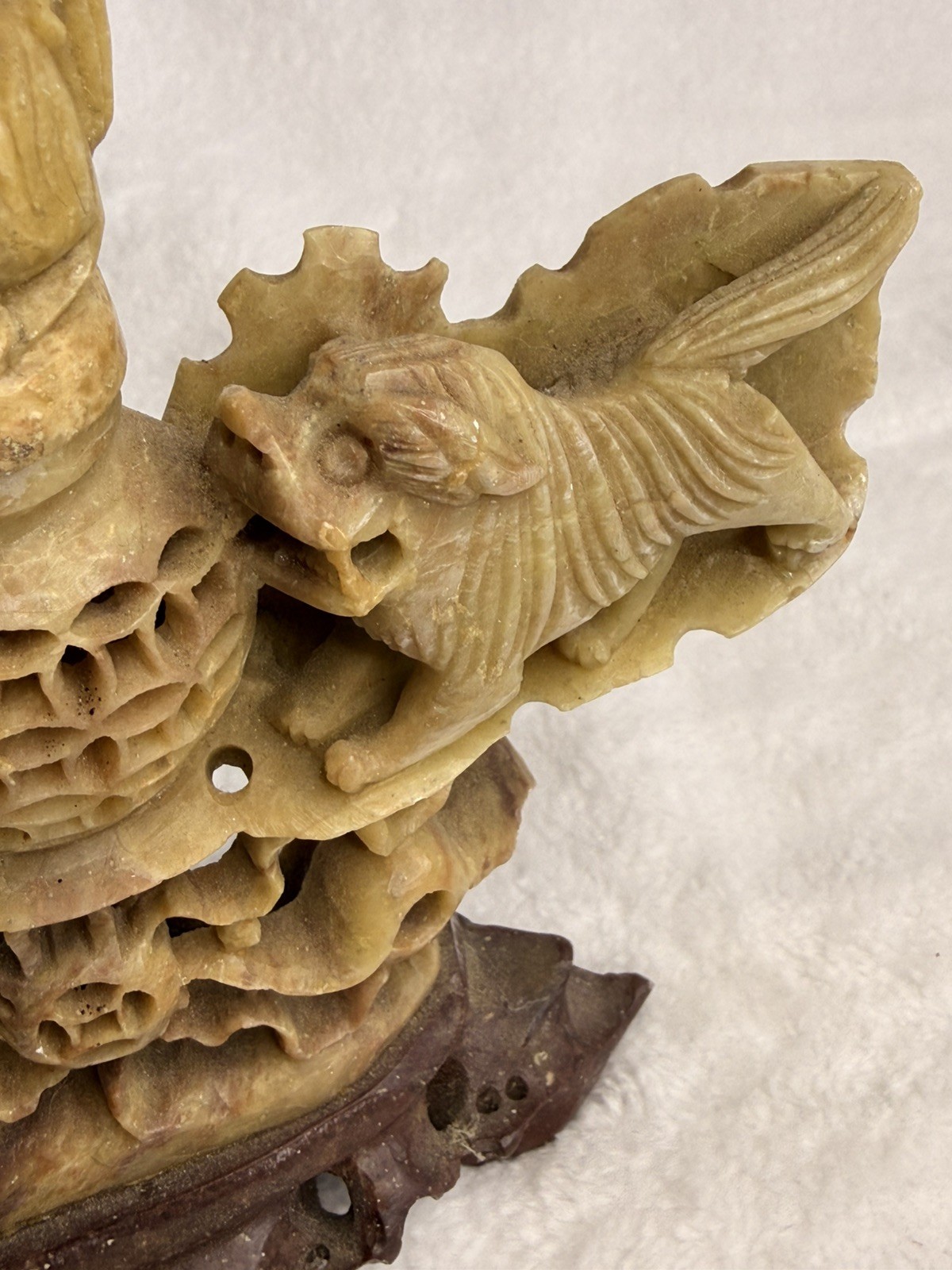 VINTAGE HAND CARVED SOAP STONE INCENSE BURNER FOO DOGS/LIONS CHINA 6 x 6