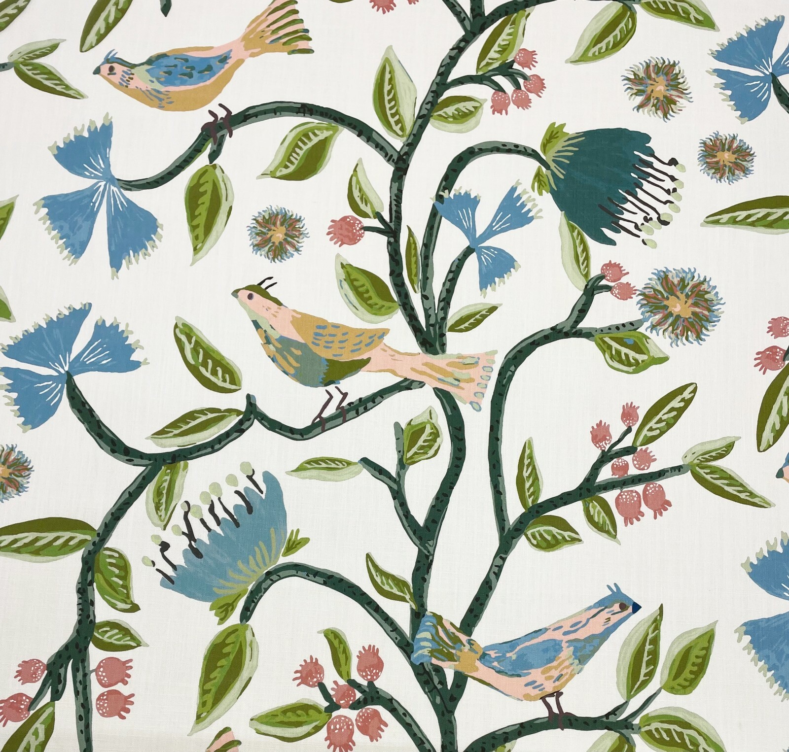 BALLARD DESIGNS LYLE GREEN BLUE LUSH LEAVES VINE SONGBIRDS FABRIC BY YARD 54″W