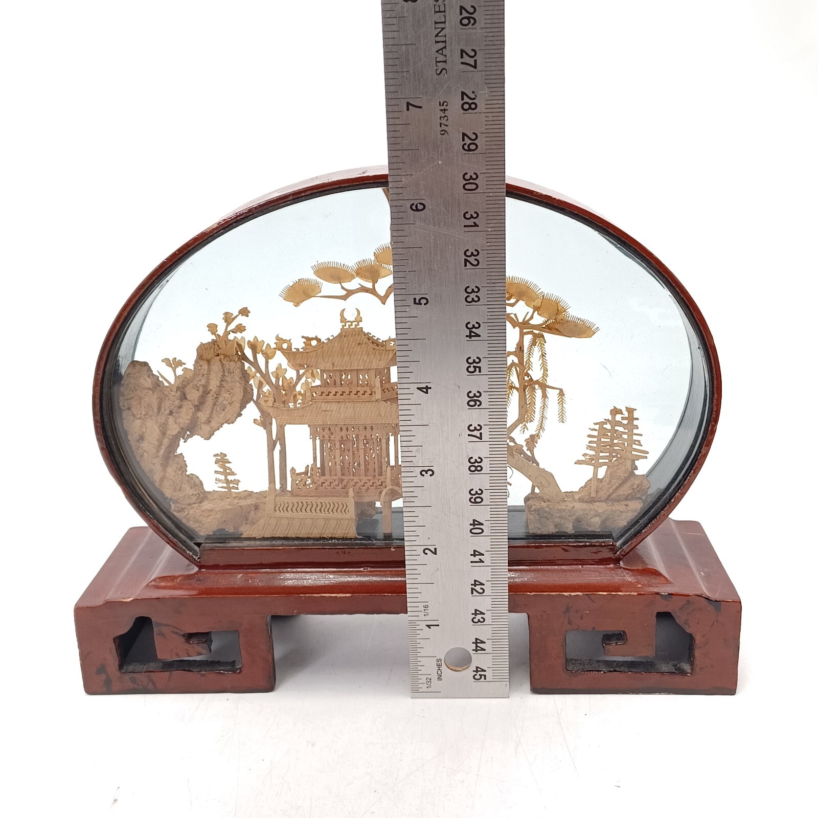 Vintage Chinese Cork Diorama with Pagoda, Intricate Carved Natural Scene. PO