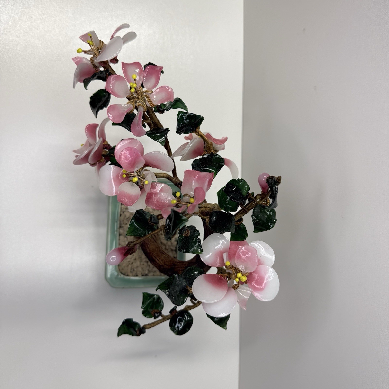 Vintage 1980’s Glass Jade Cherry Blossom Bonsai Tree