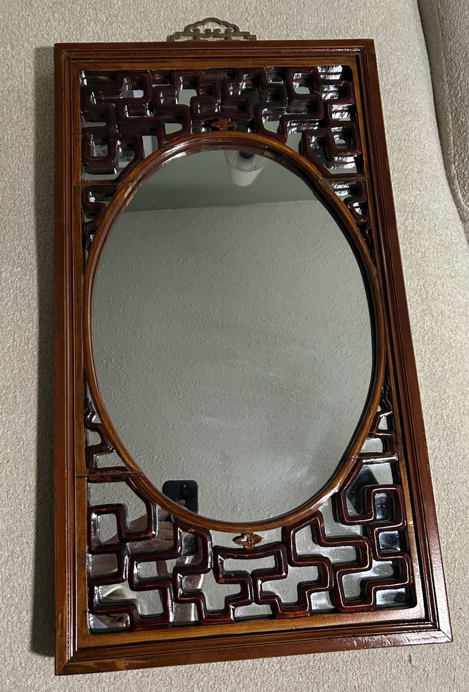 Chinese Red Asian Mirror, Solid Fir Hand Carved Lattice Design Brass Hanger