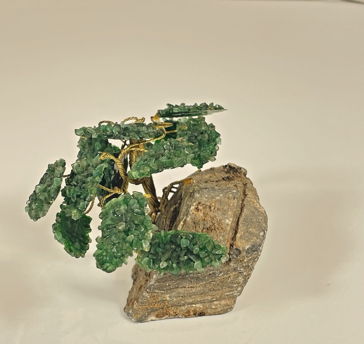Vintage Green Crystal Bonsai Tree Sculpture Copper Wire on Natural Stone Base