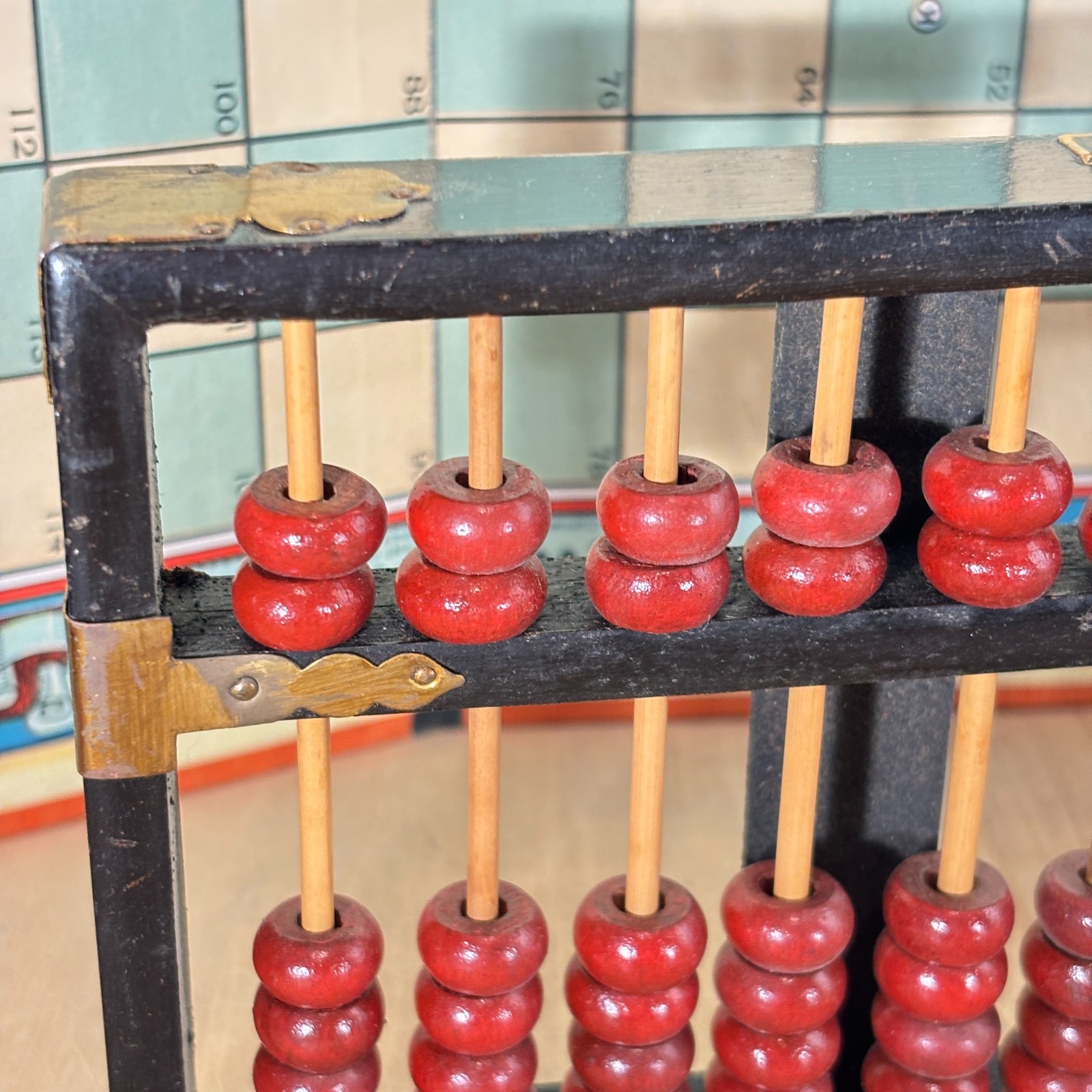 Vtg Chinese Abacus Wood and Brass 13 Rows 91 Beads, Lotus Flower Brand Red Black