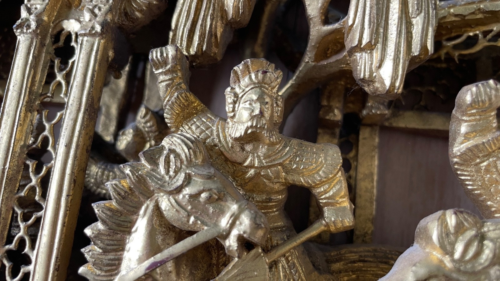 Chinese Gold Gilt Wood Carved Relief Panel Temple Boat Warriors Horses 27×9