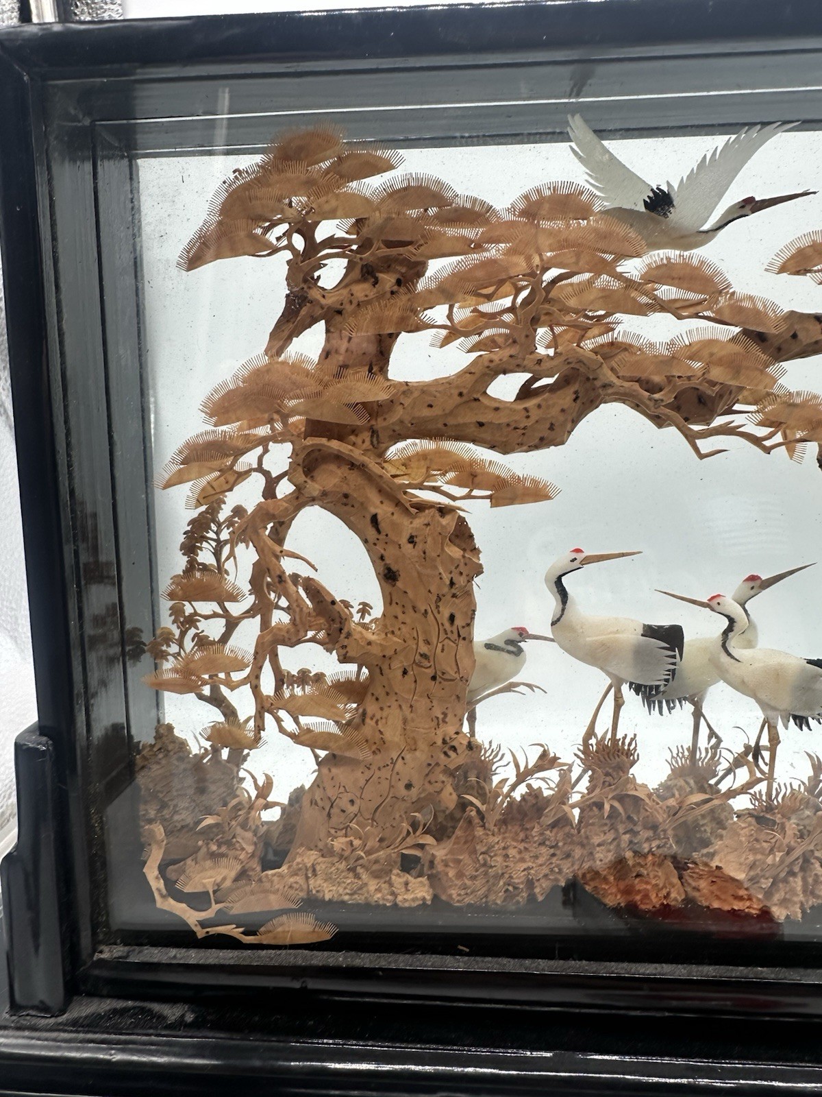 Large 16″ Vintage San You Chinese Cork Carving Diorama Cranes Pine Tree 1980s⁠