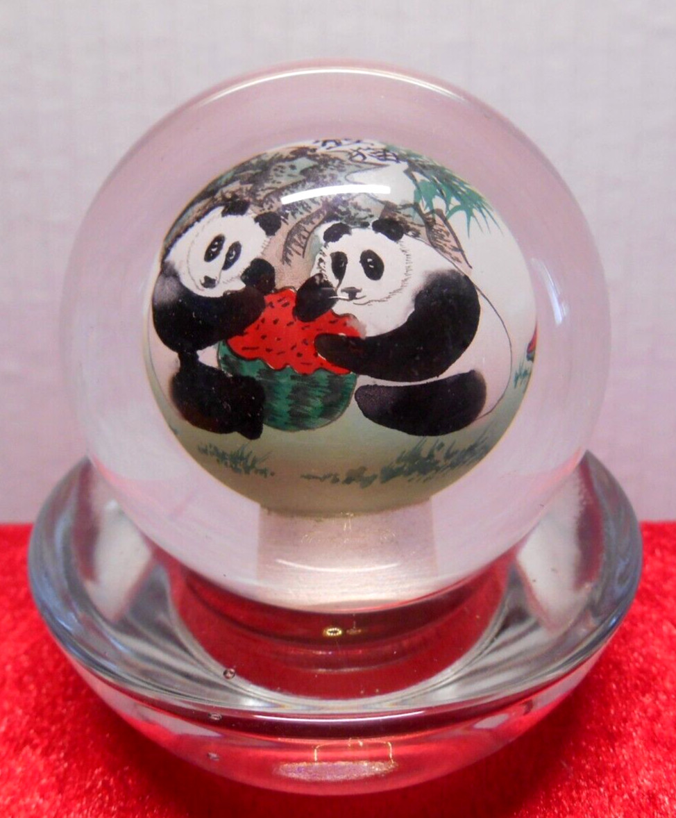 Chinese reverse painted Glass Ball Sphere Orb PANDA BEAR paperweight w/Stand