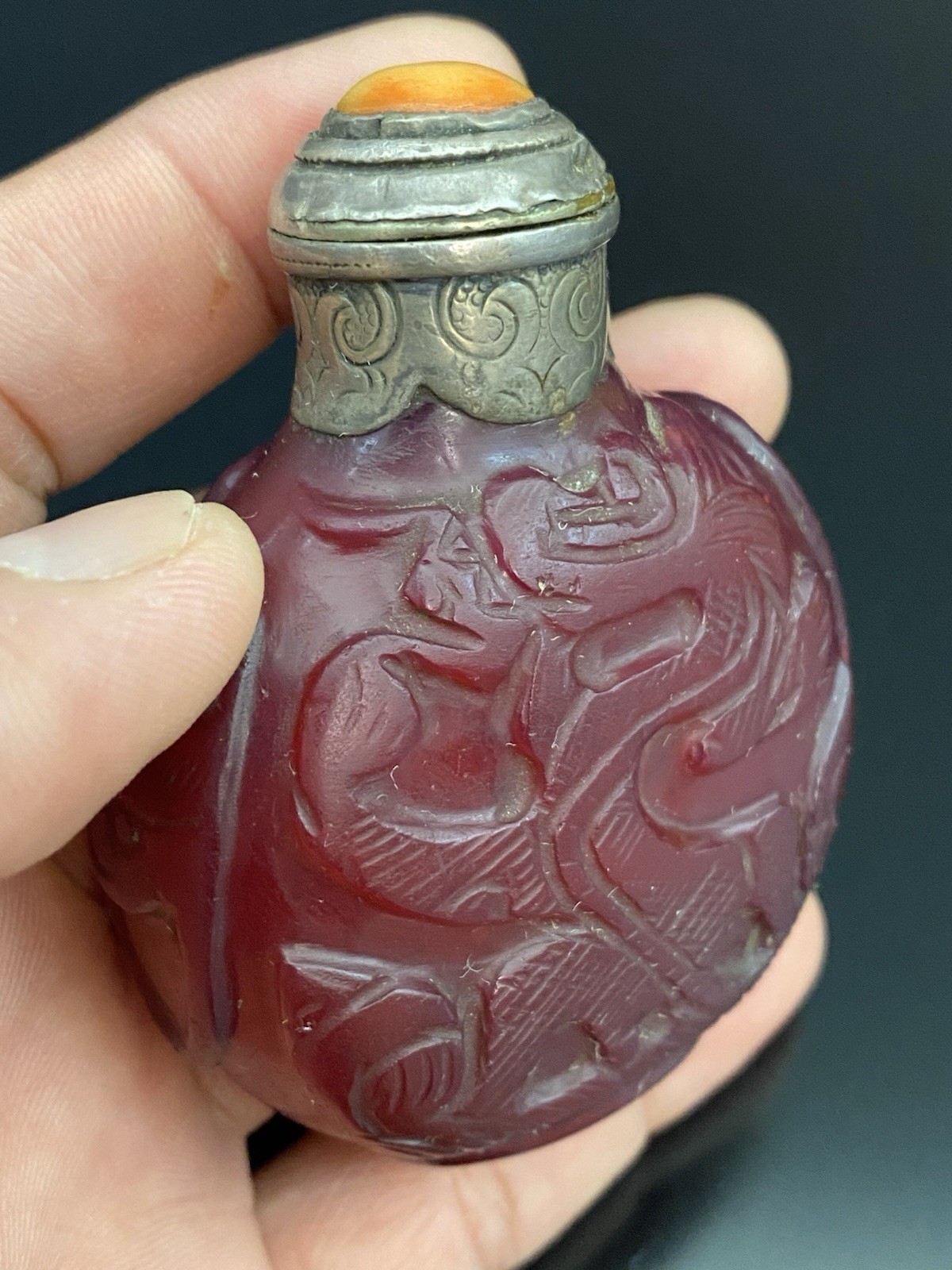 Antique Chinese Ruby Red Peking Glass Steling Silver Top Carved Snuff Bottle
