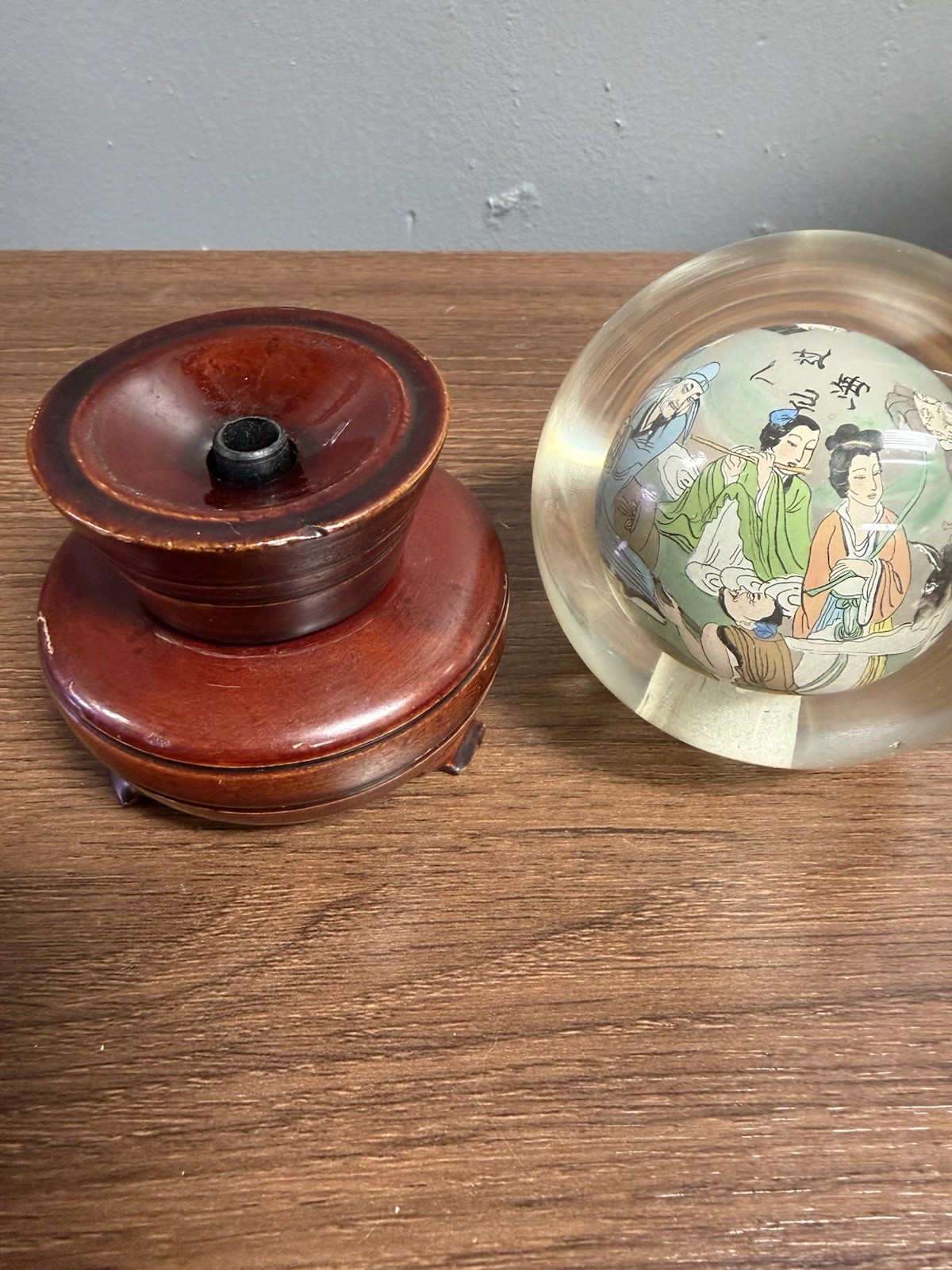 Vintage Chinese Hand Painted Reverse Art Glass Globe With Stand