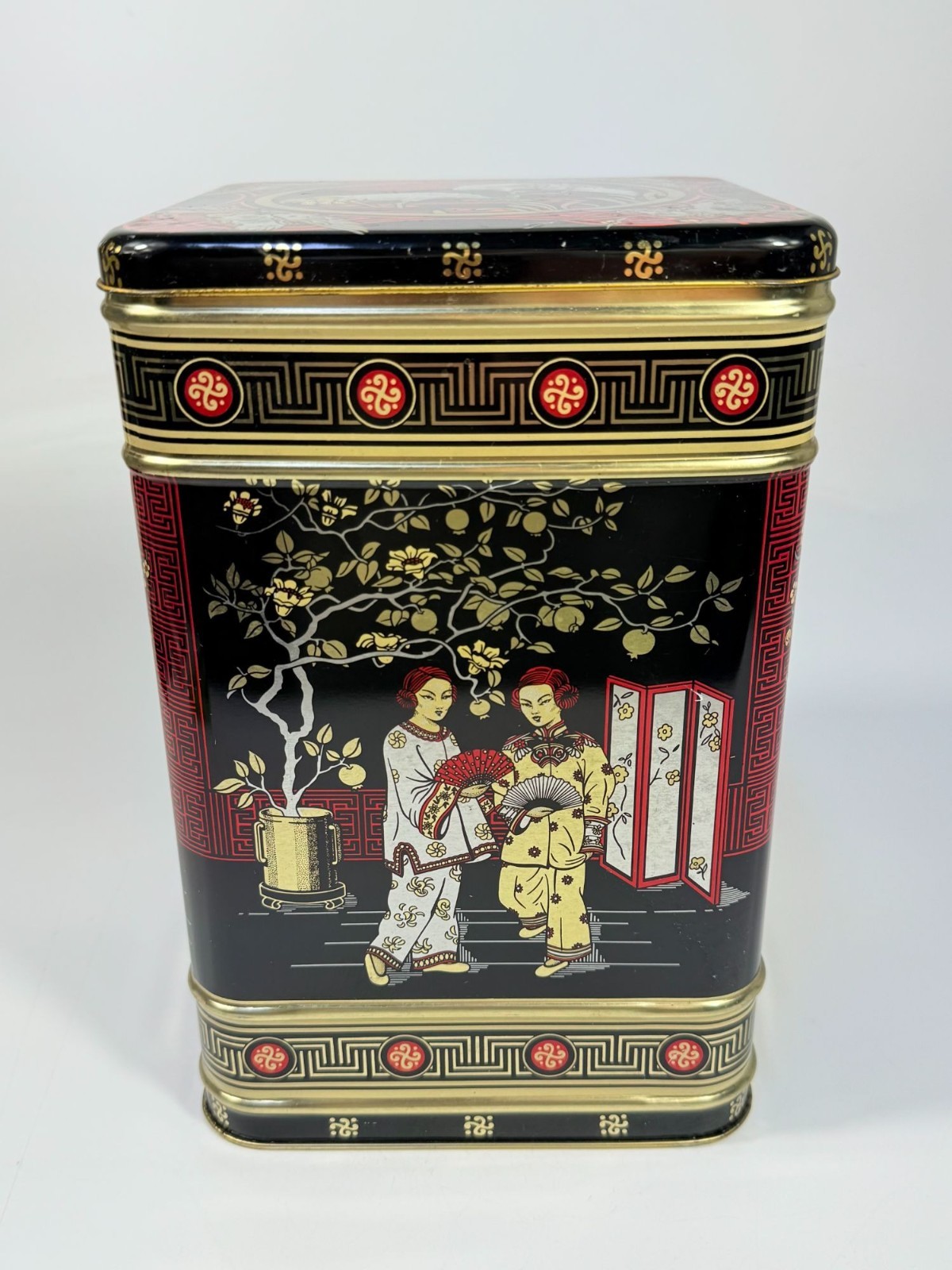 English Tea Tin Caddy Vintage 1970s Chinese Hinged Lid Black Red Gold Cranes Asi