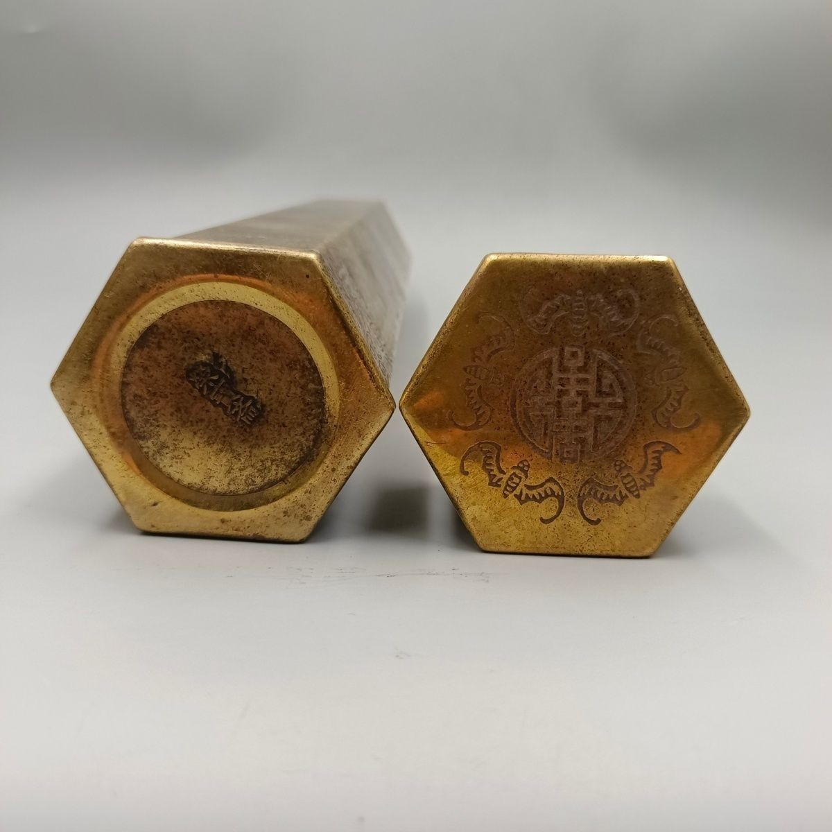 Pure Brass Hexagonal Incense Tube 33cm Five Blessings Vintage Copper Decor