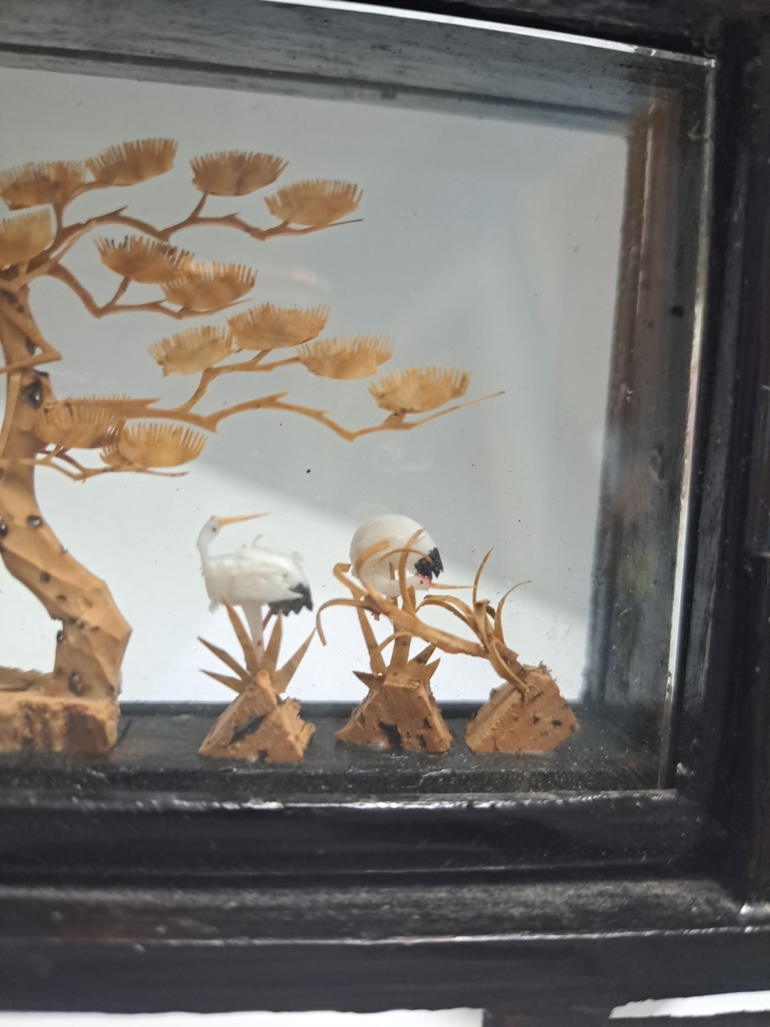Vintage Chinese 5″ Wood Cork Carving Diorama Glass Display